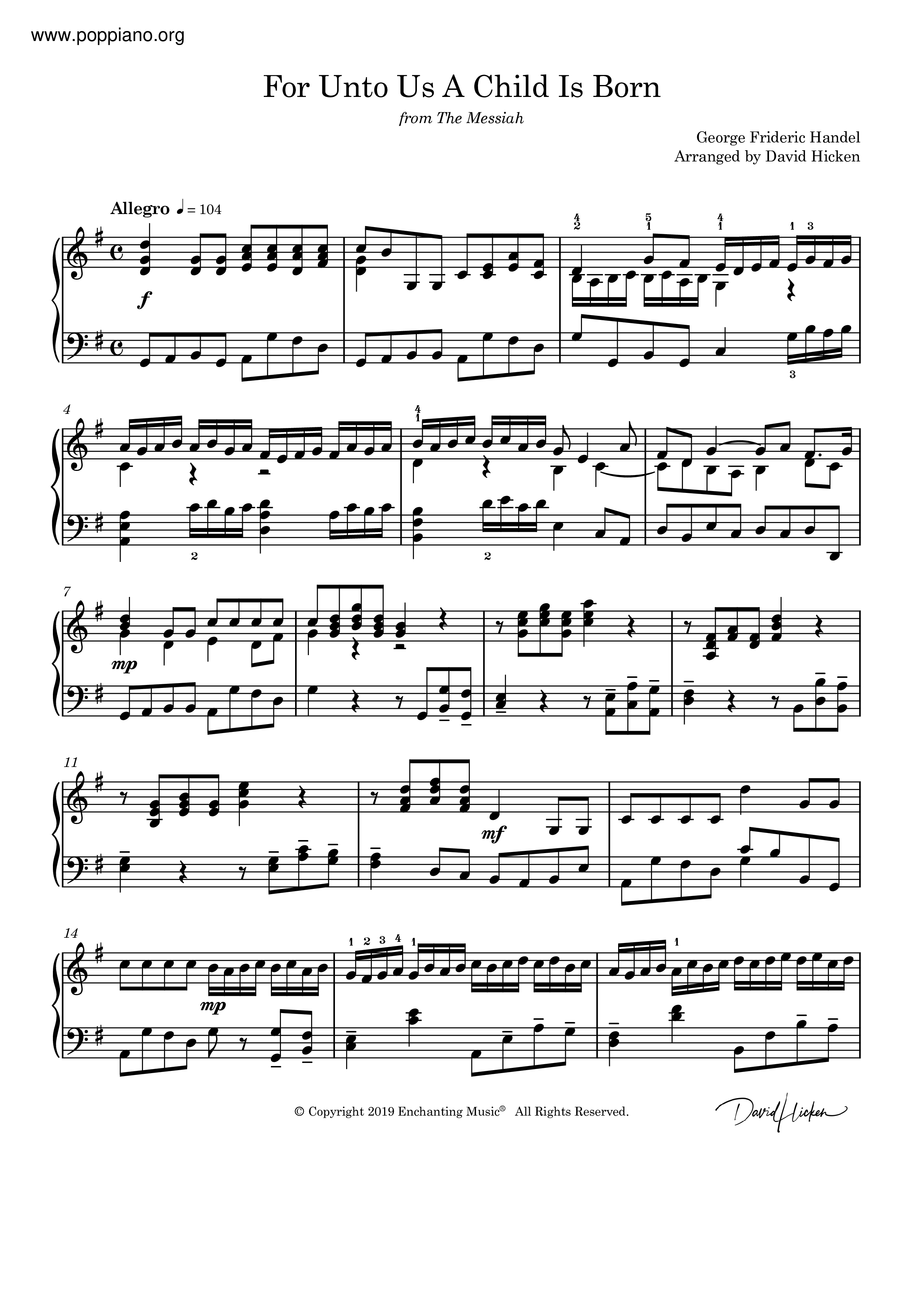 For Unto Us A Child Is Born Score