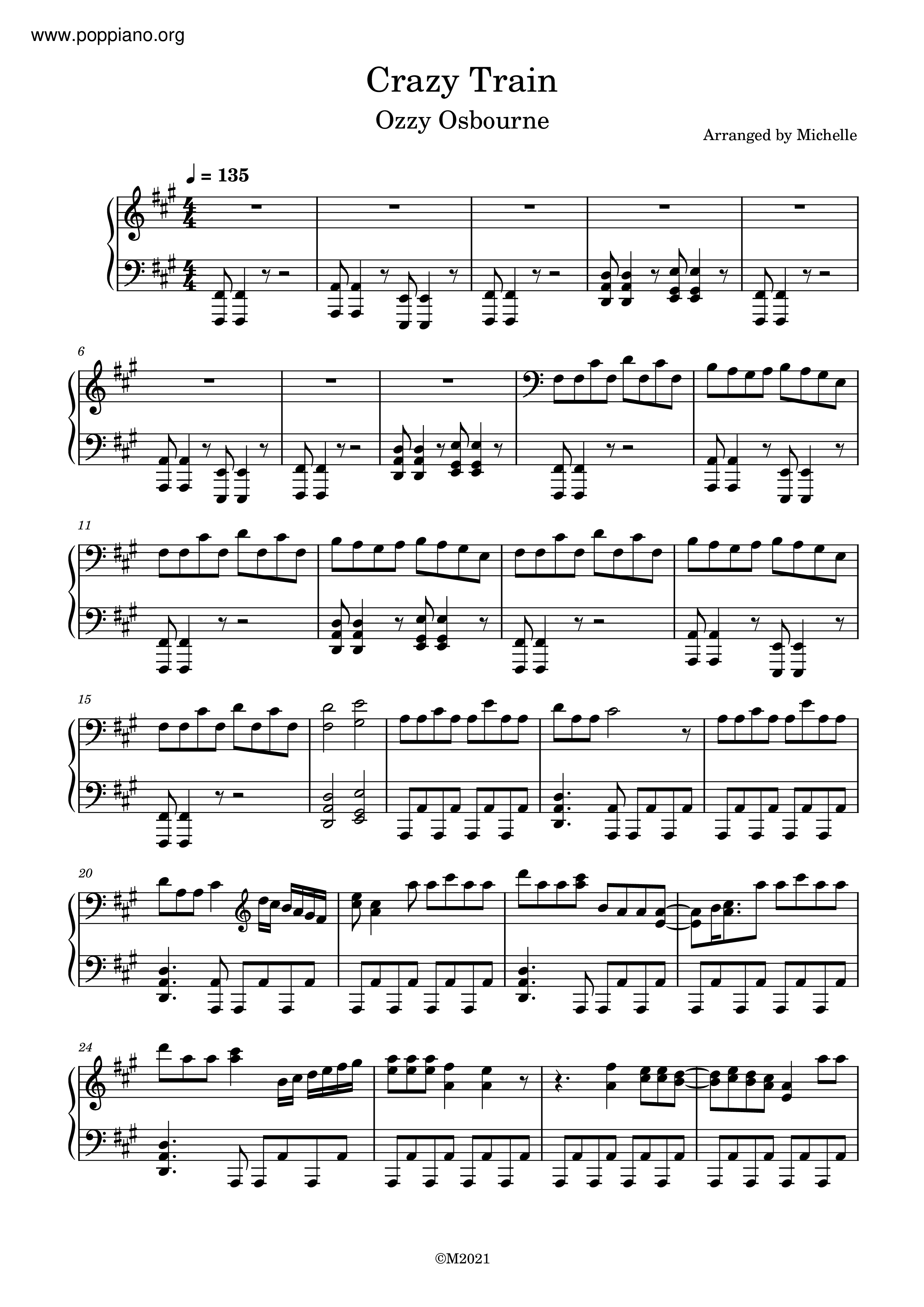 ☆Ozzy Osbourne - Crazy Train ピアノ譜pdf- 香港ポップピアノ