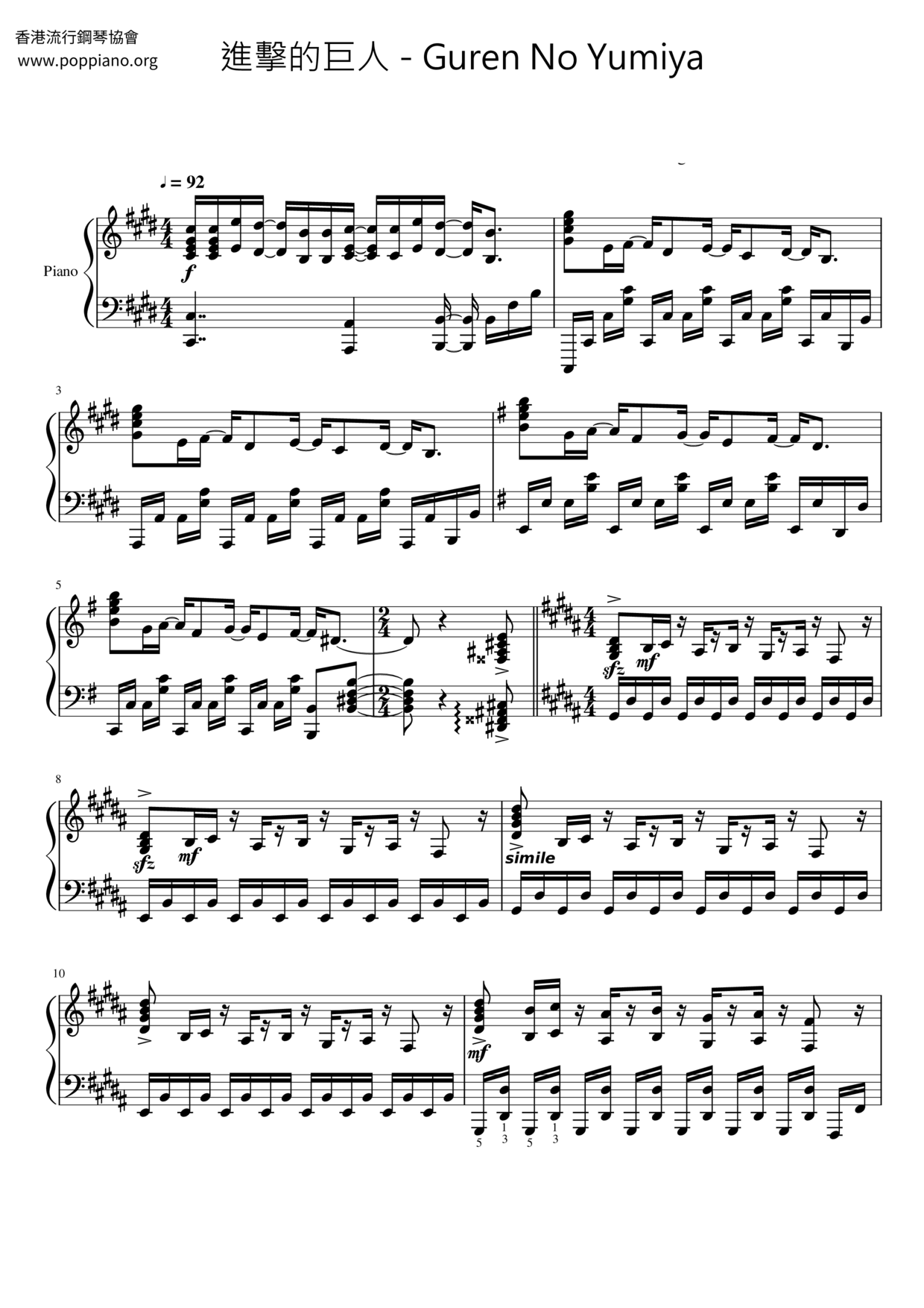 Attack On Titan Theme (Guren No Yumiya) Sheet music for Piano