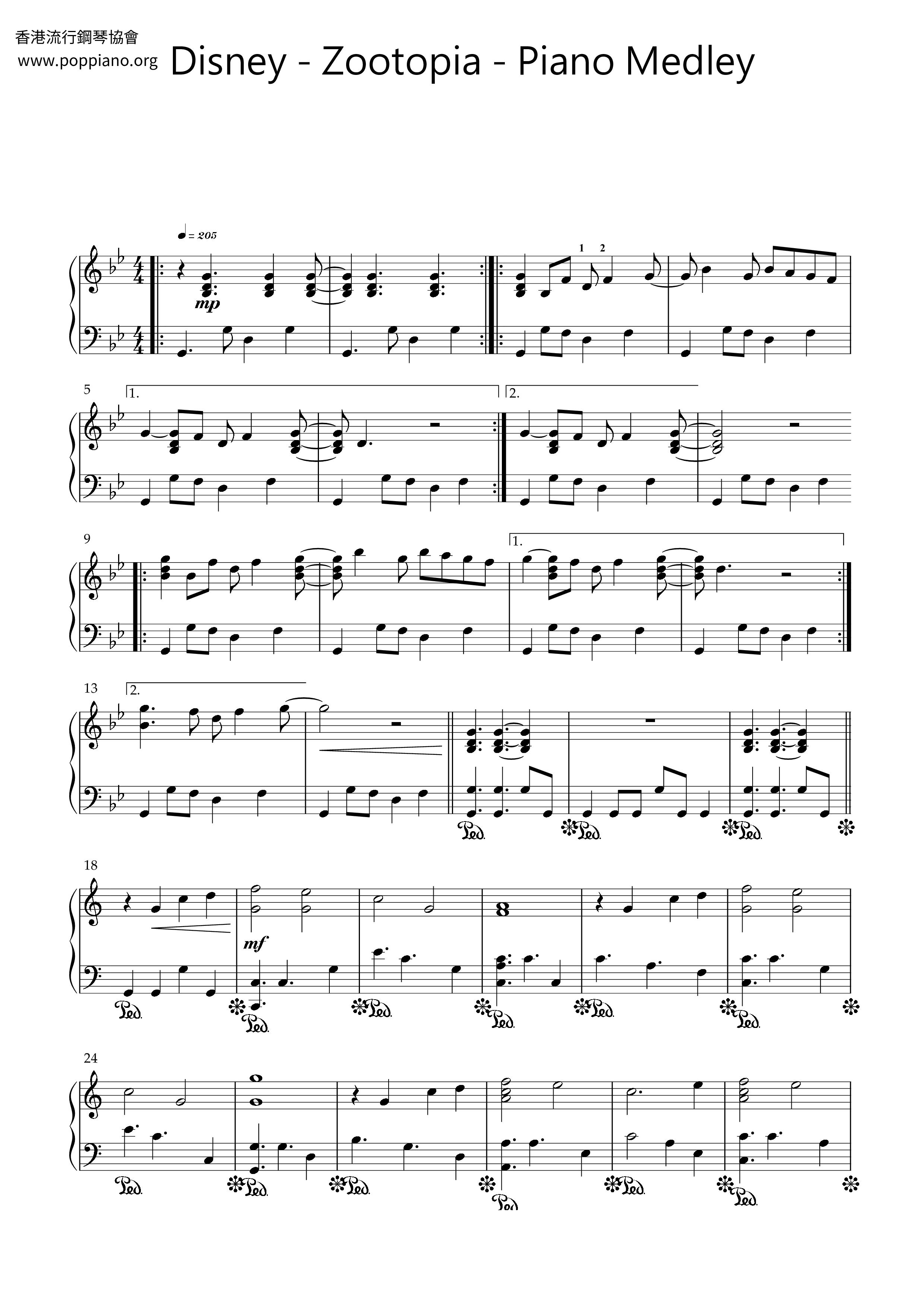 Zootopia - Piano Medley琴譜