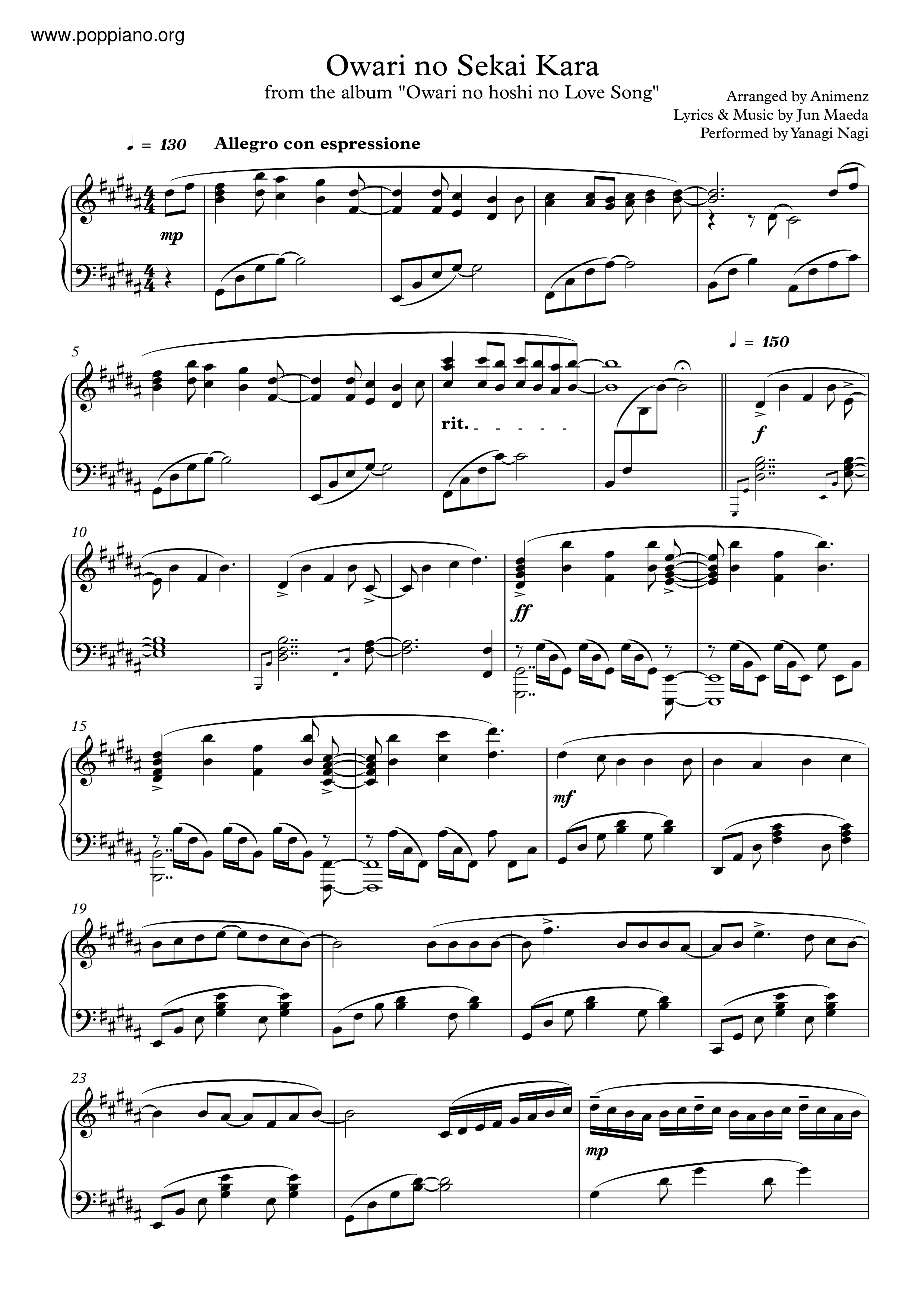Owari No Sekai Kara Score