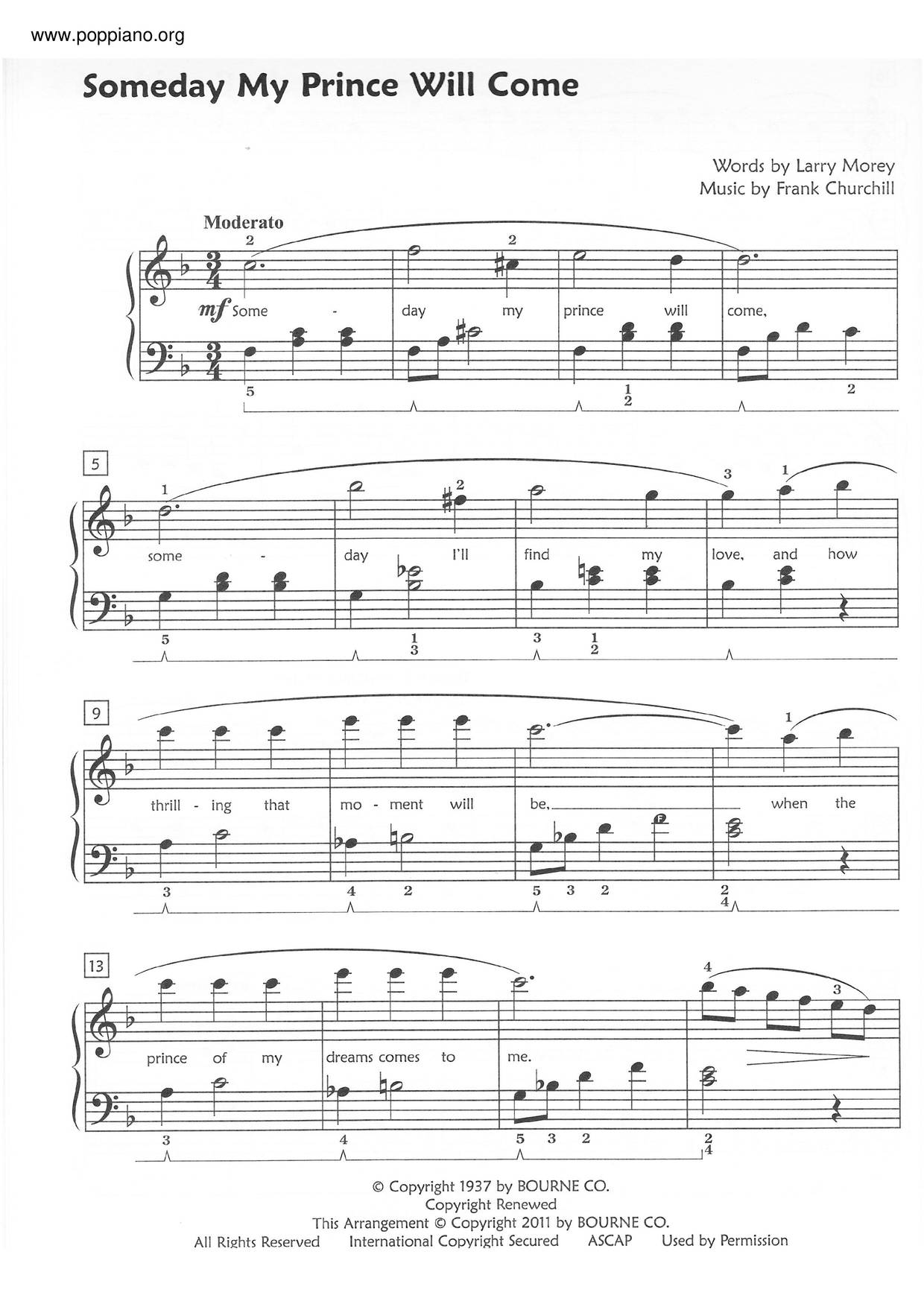 ★スノーホワイト・アンド・ザ・セブン・ドワーフス - サム・デイ・マイ・プリンス・ウィル・カム 악보 ピアノ譜pdf- POPPIANO ...