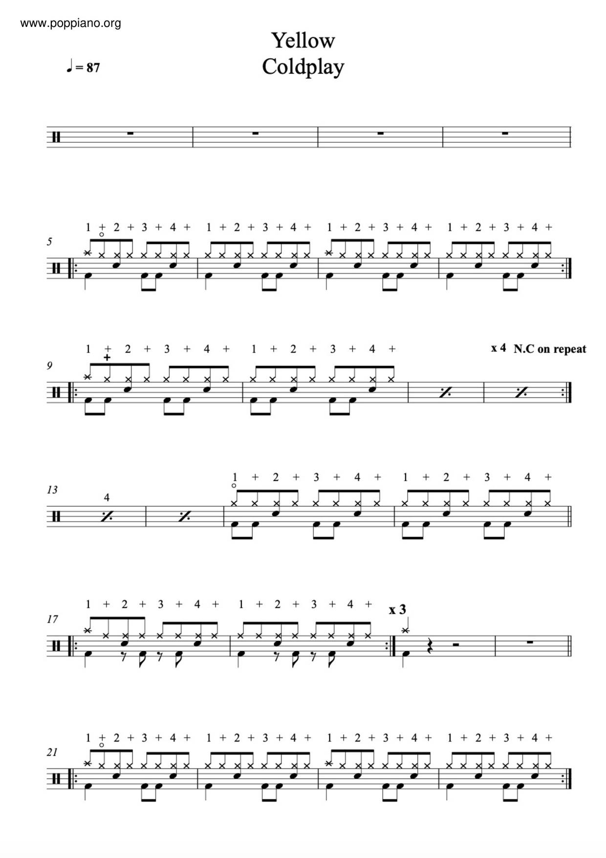 Coldplay Yellow Drum Tab pdf Free Score Download
