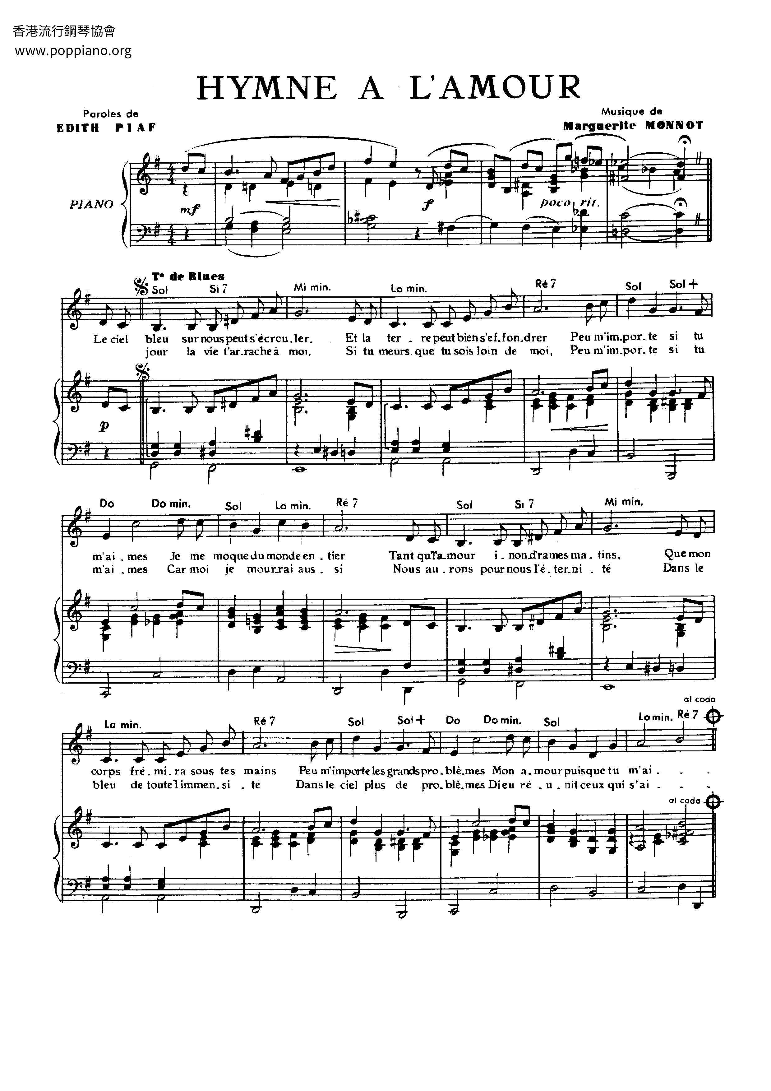 Hymne A L'amour Score