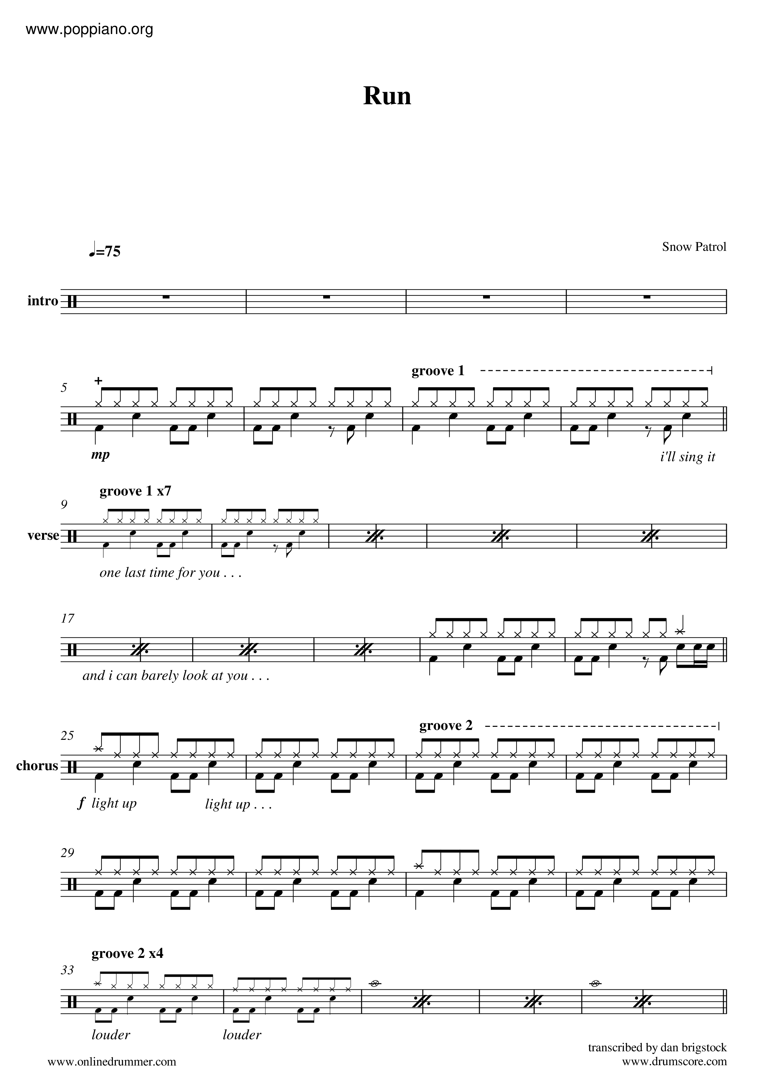 ☆ Snow Patrol-Run Tab pdf, Free Score Download ☆