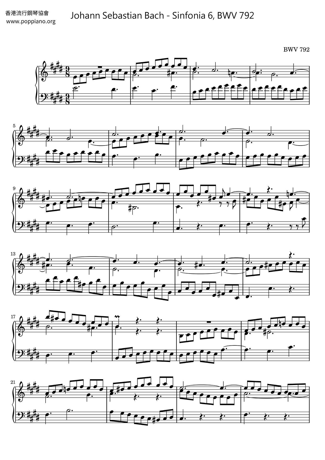 Sinfonia 6, BWV 792琴谱