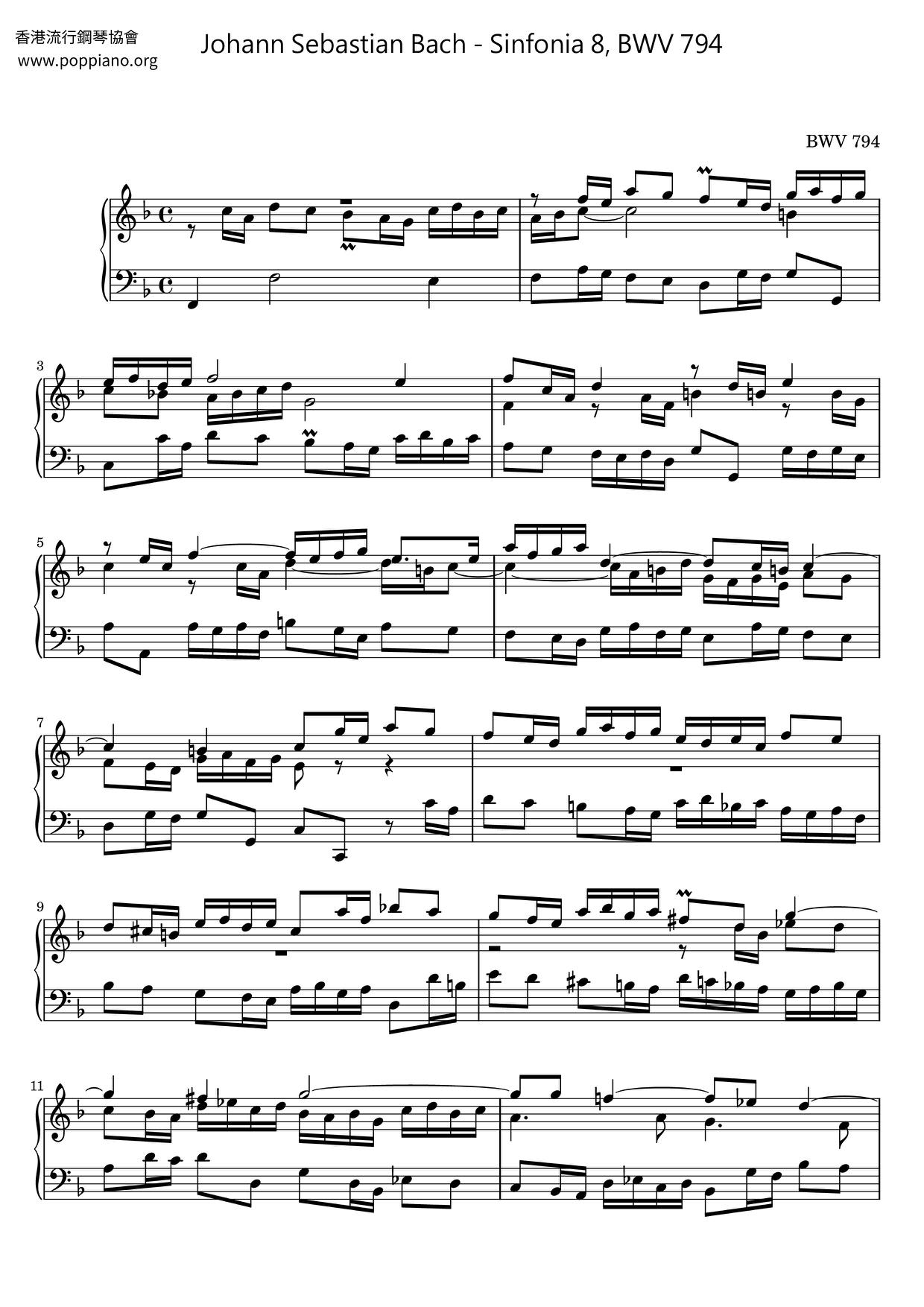 Sinfonia 8, BWV 794 Score