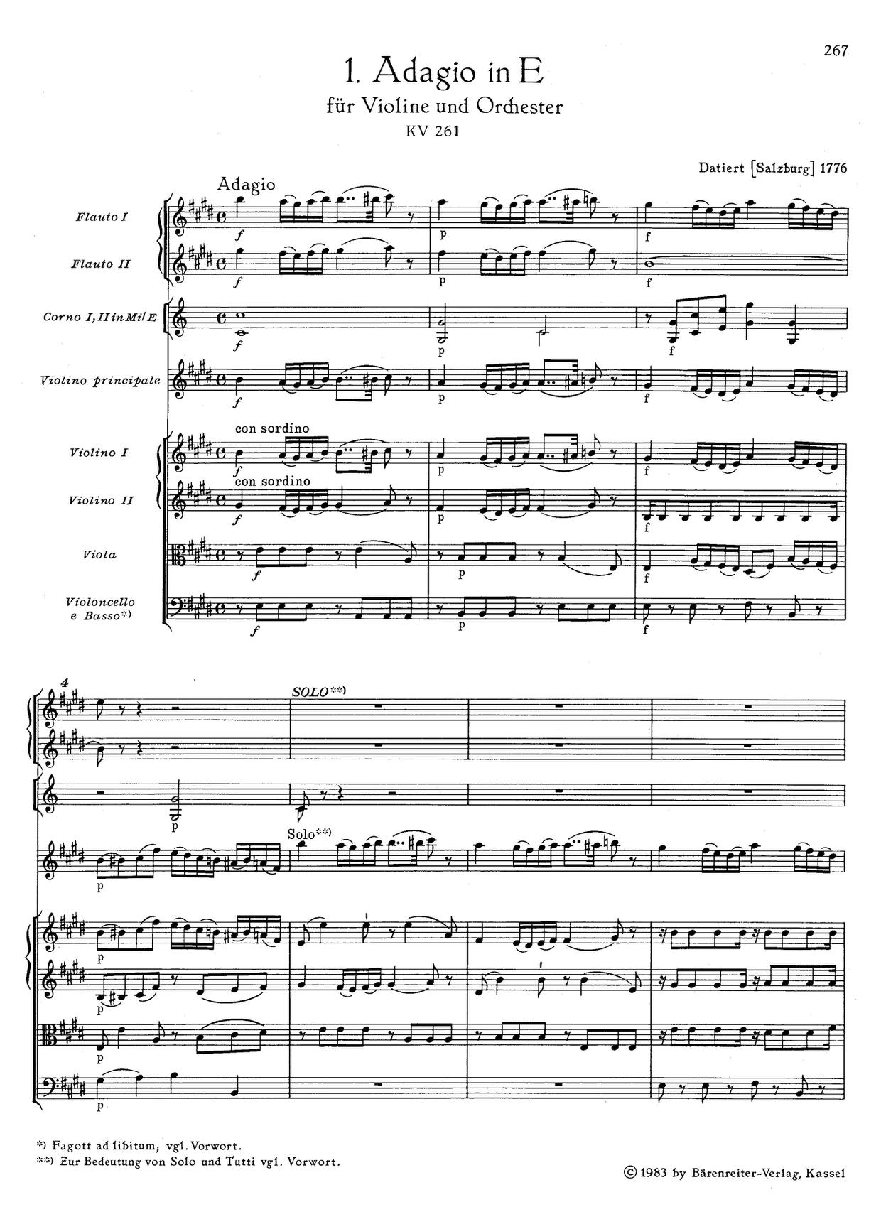 Adagio in E Major, K. 261 Score
