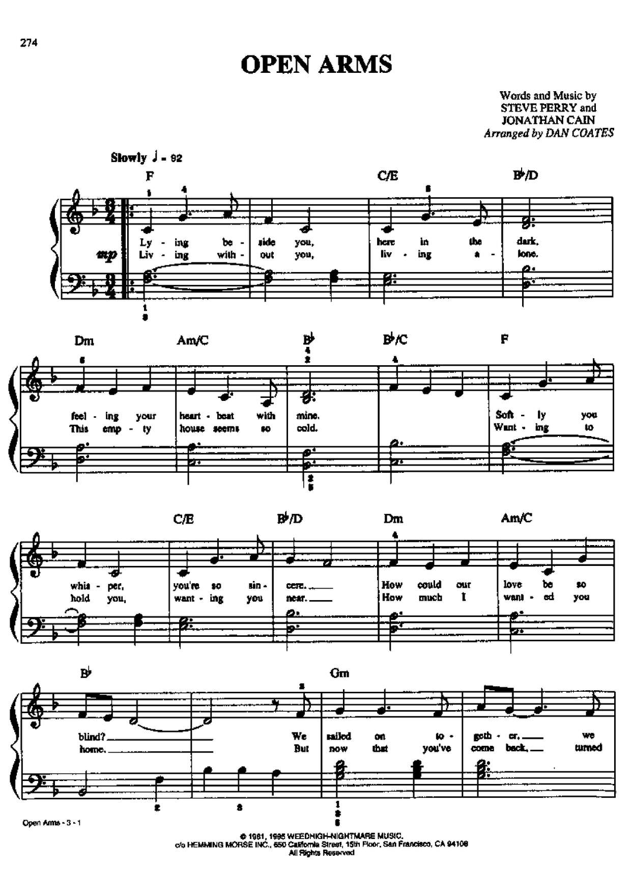 open arms journey piano sheet music