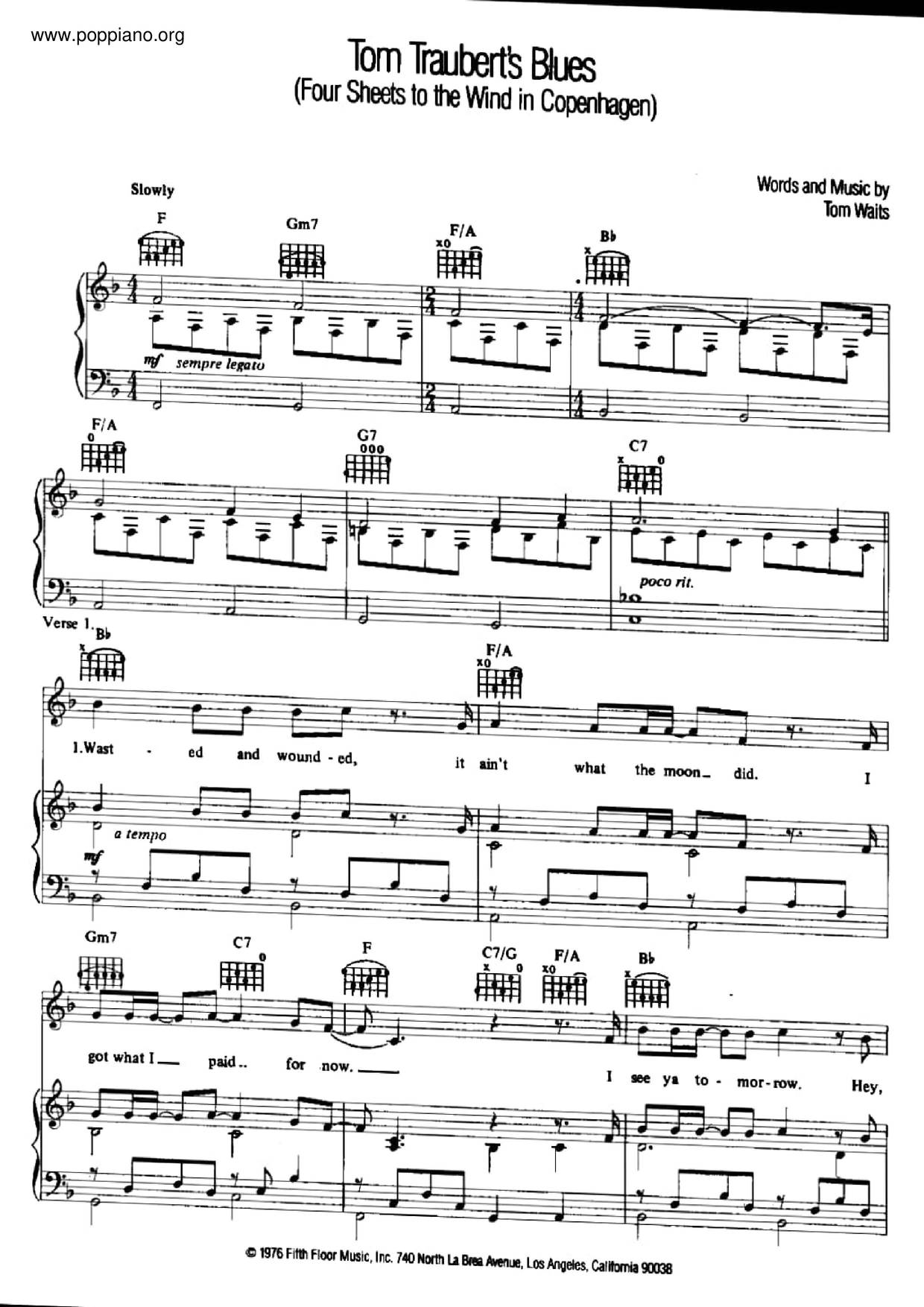 Tom Traubert's Bluesピアノ譜