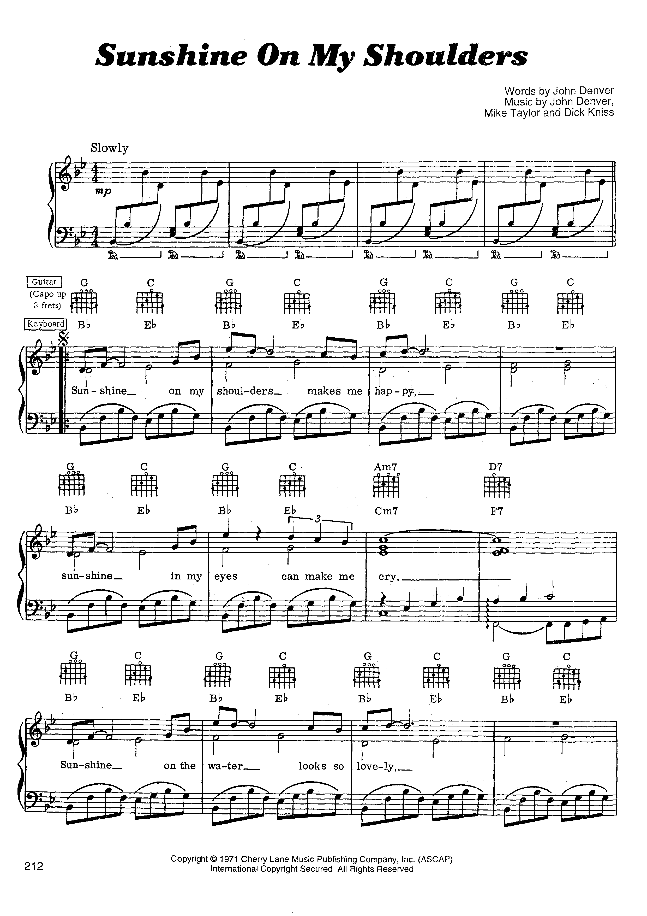 Sunshine On My Shoulders琴谱