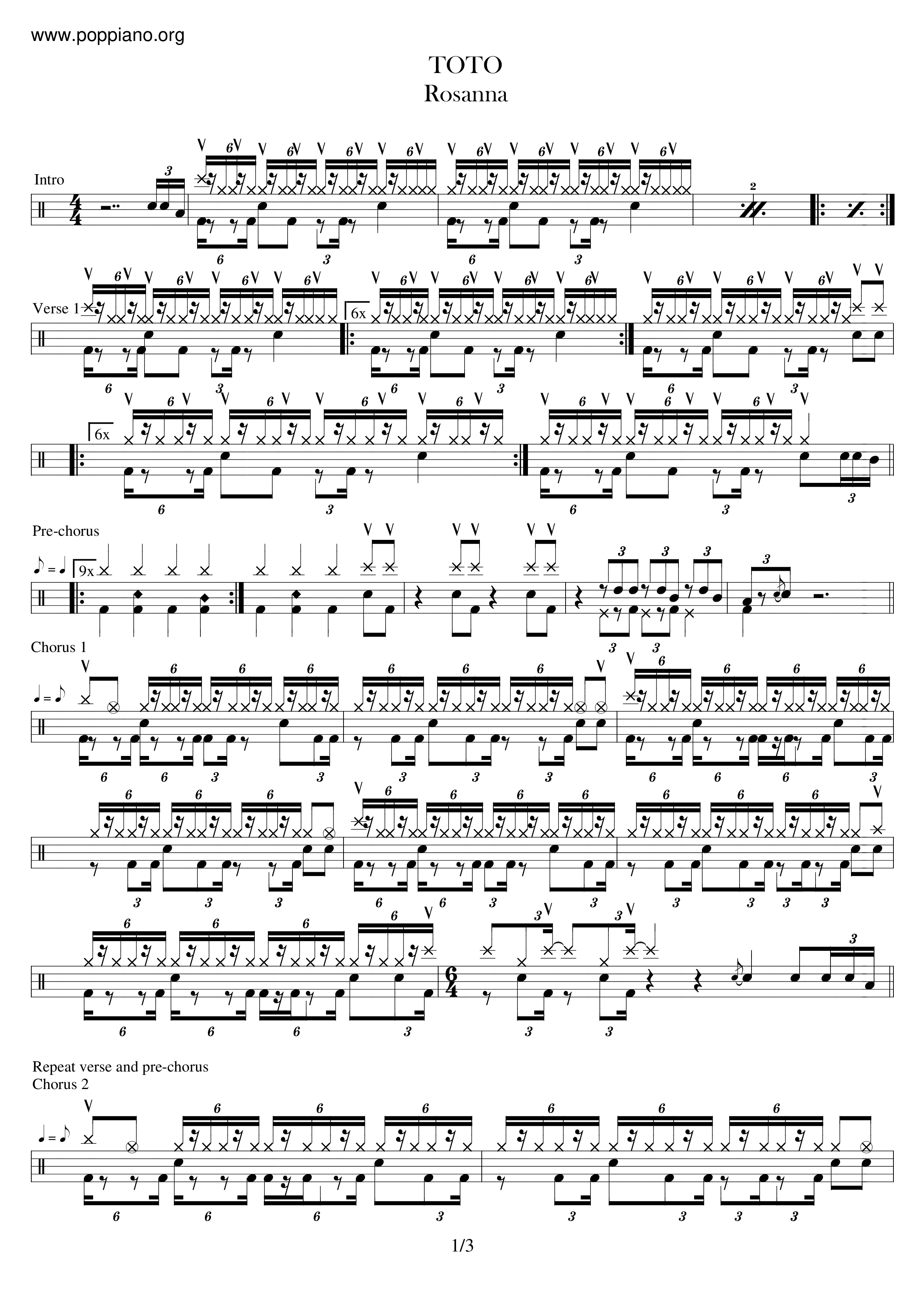 ☆Toto - Rosanna ドラムスコアpdf- 香港ポップピアノ協会 無料PDF楽譜