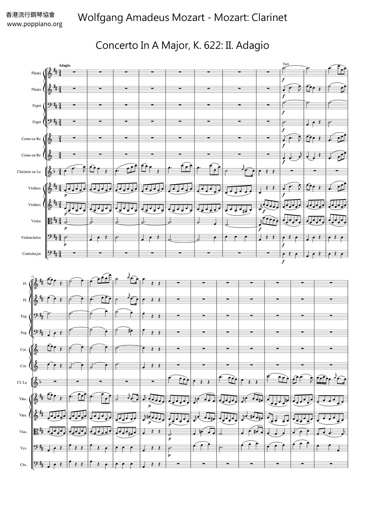 Mozart: Clarinet Concerto in A Major, K. 622: II. Adagio Score
