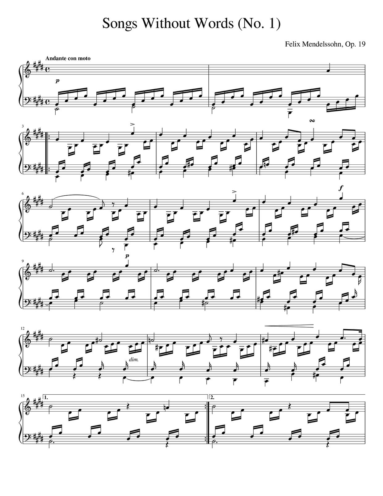 Lieder ohne Worte, Op. 19, No. 1琴谱