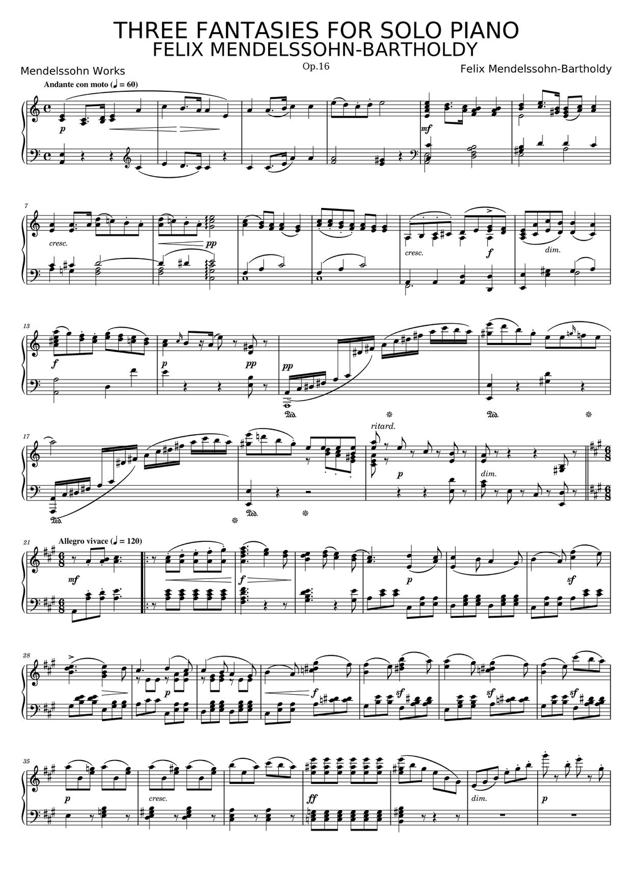 Mendelssohn: 3 Fantaisies, Op. 16: III. Andanteピアノ譜