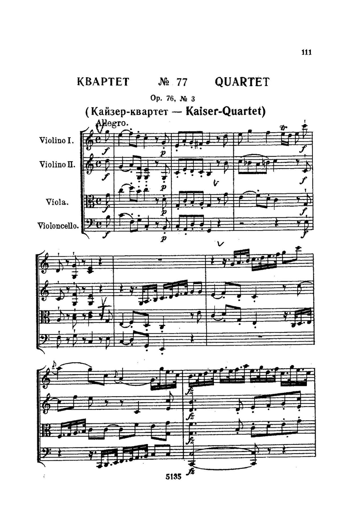 String Quartet No. 62 in C Major, Op. 76, No. 3, Hob.III:77, "Emperor": II. Poco adagio, c Score