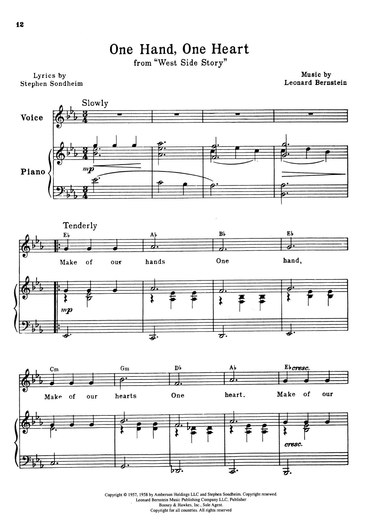 Leonard Bernstein West Side Story Act II One Hand One Heart Sheet Leonard Bernstein West Side Story Act II One Hand One Heart Sheet