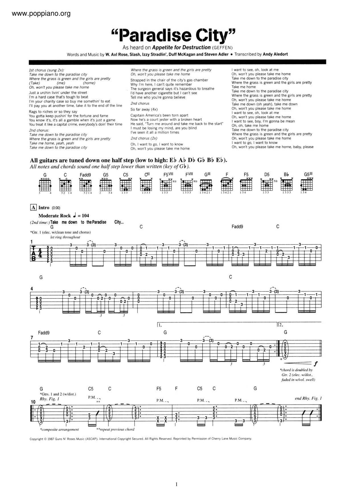 Paradise City Guns and Roses Partitura