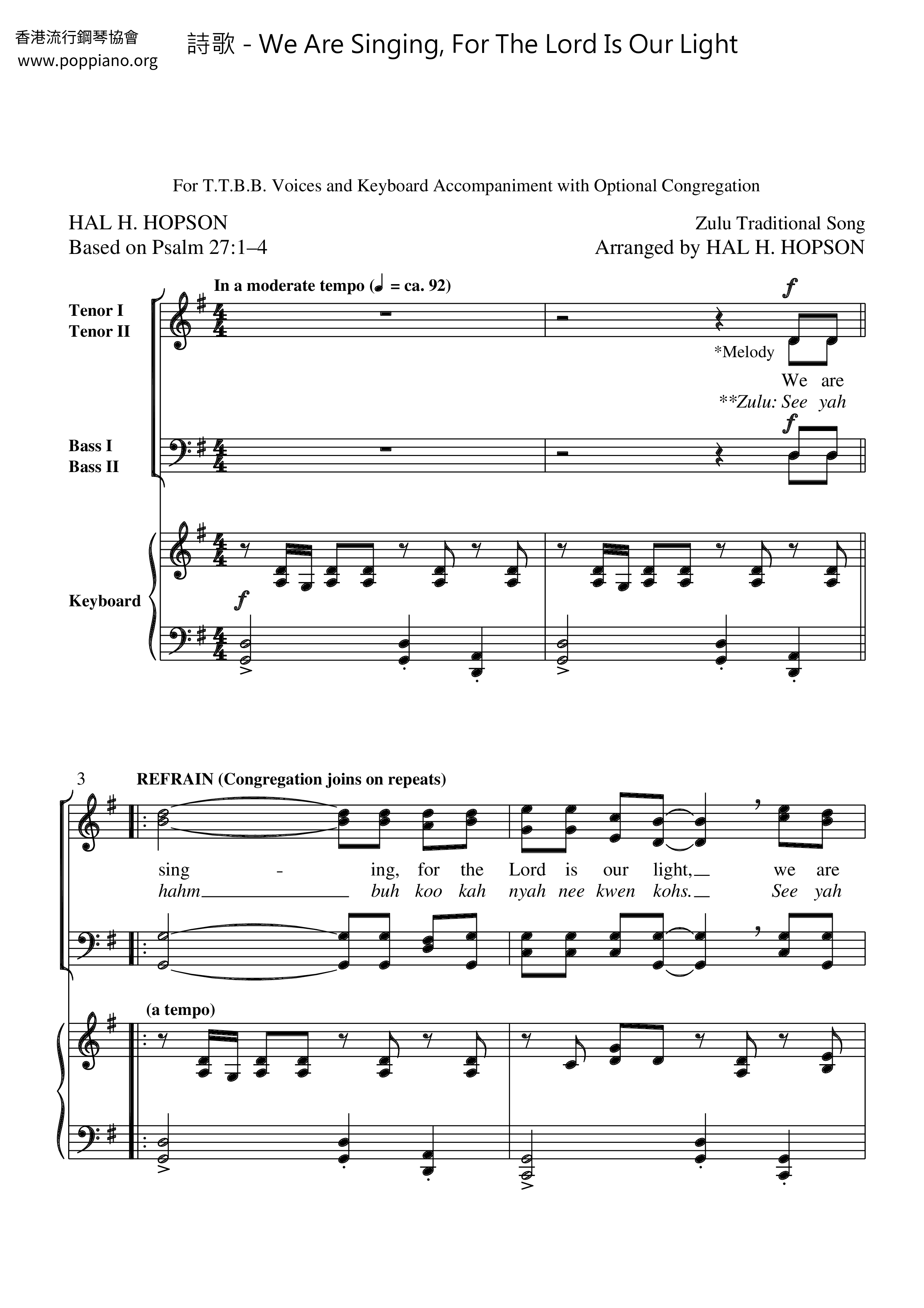 We Are Singing, For The Lord Is Our Light Score