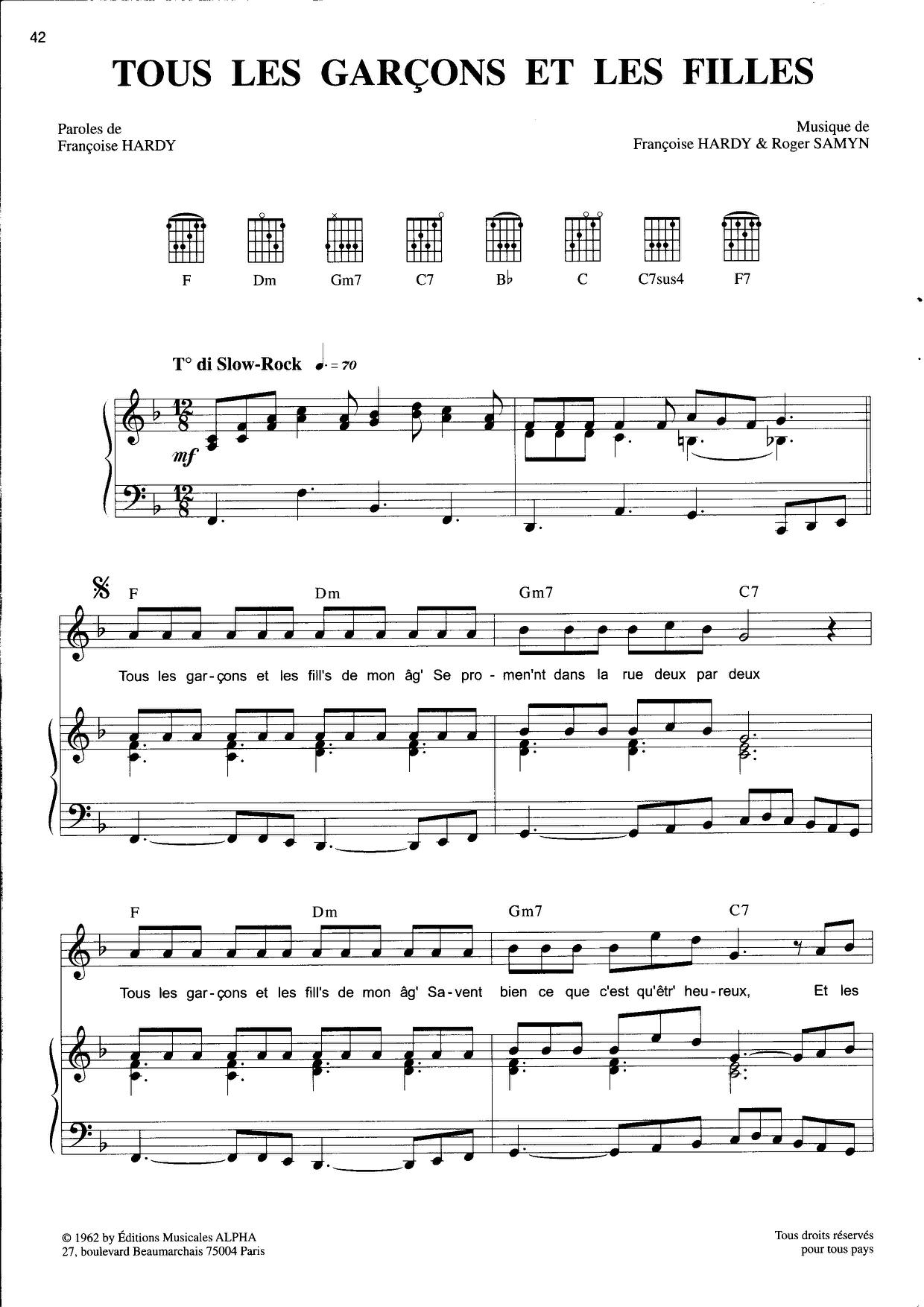 Tous Les Garçons Et Les Filles琴譜