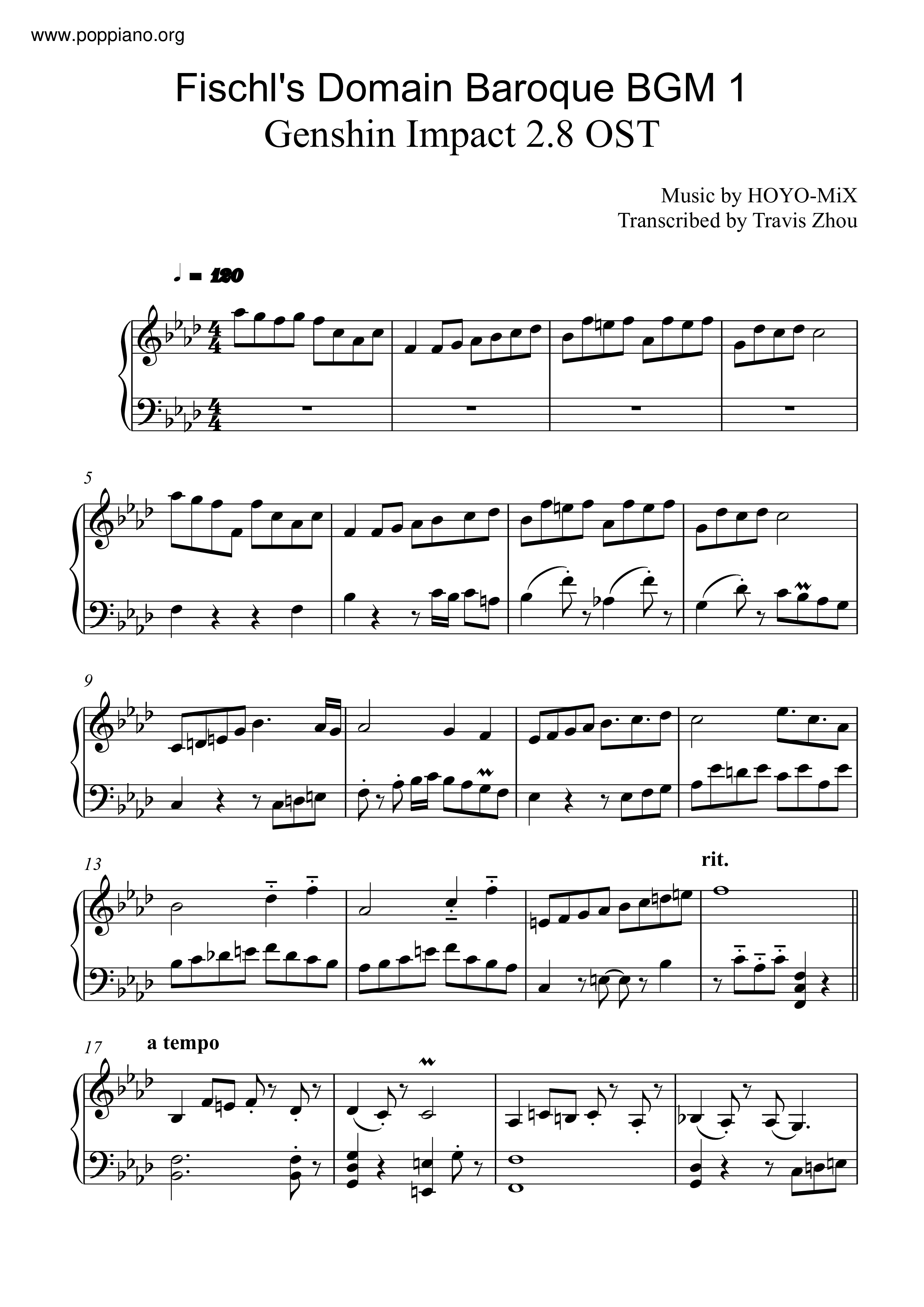 Genshin Impact 2.8 OST - Fischl's Domain Baroque BGM 1ピアノ譜