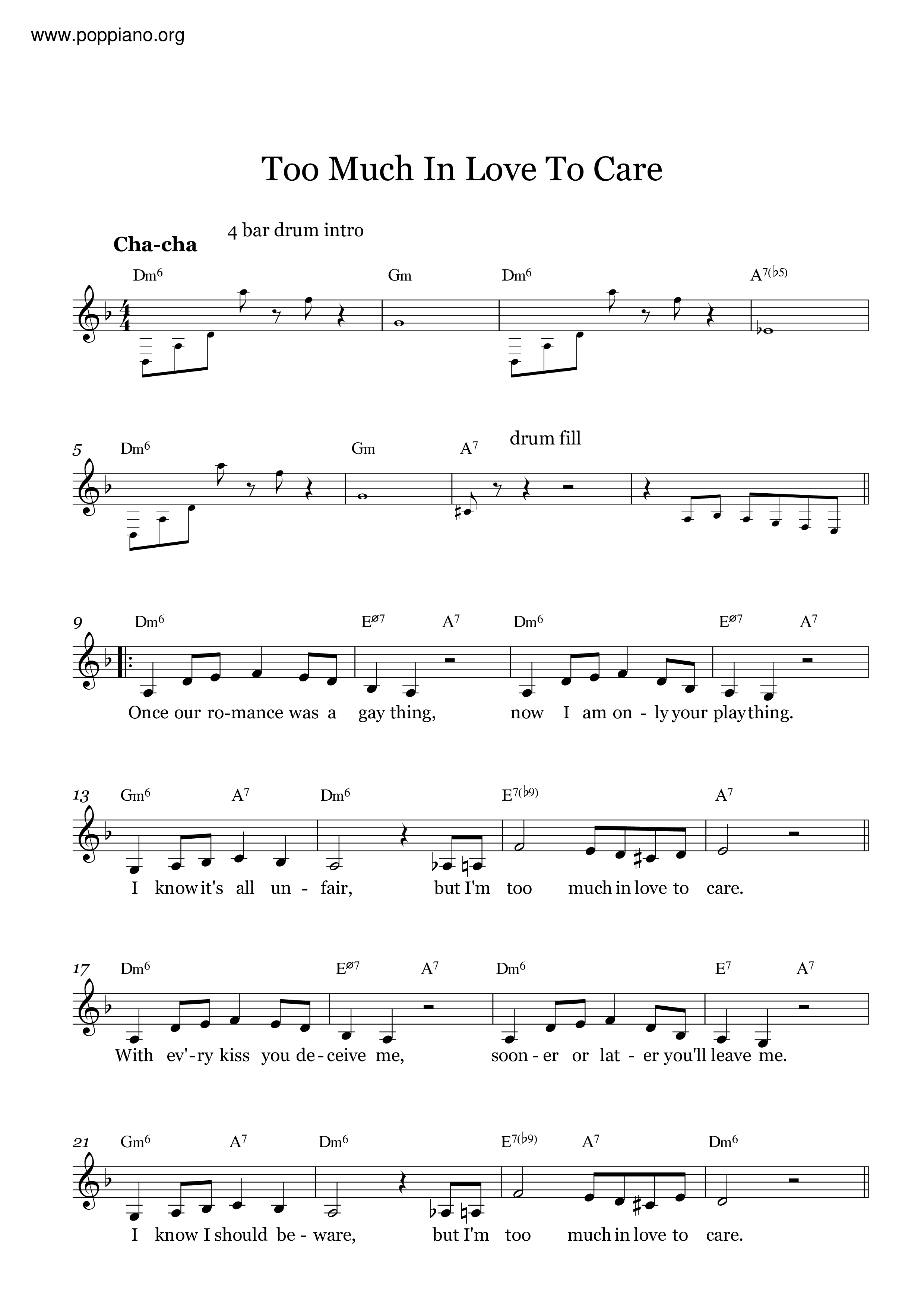 Too Much In Love To Care Score