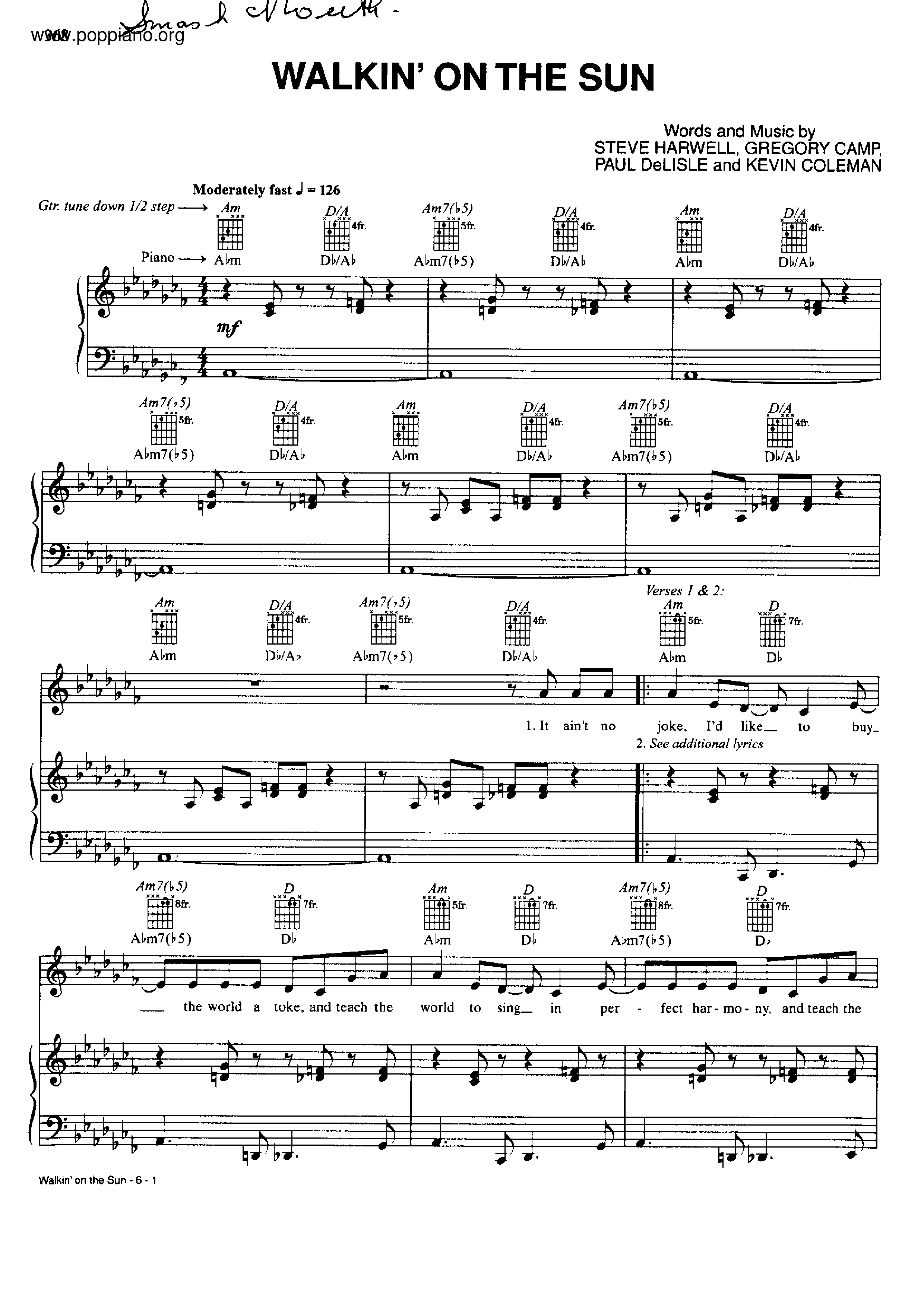 Walkin' On The Sun Score