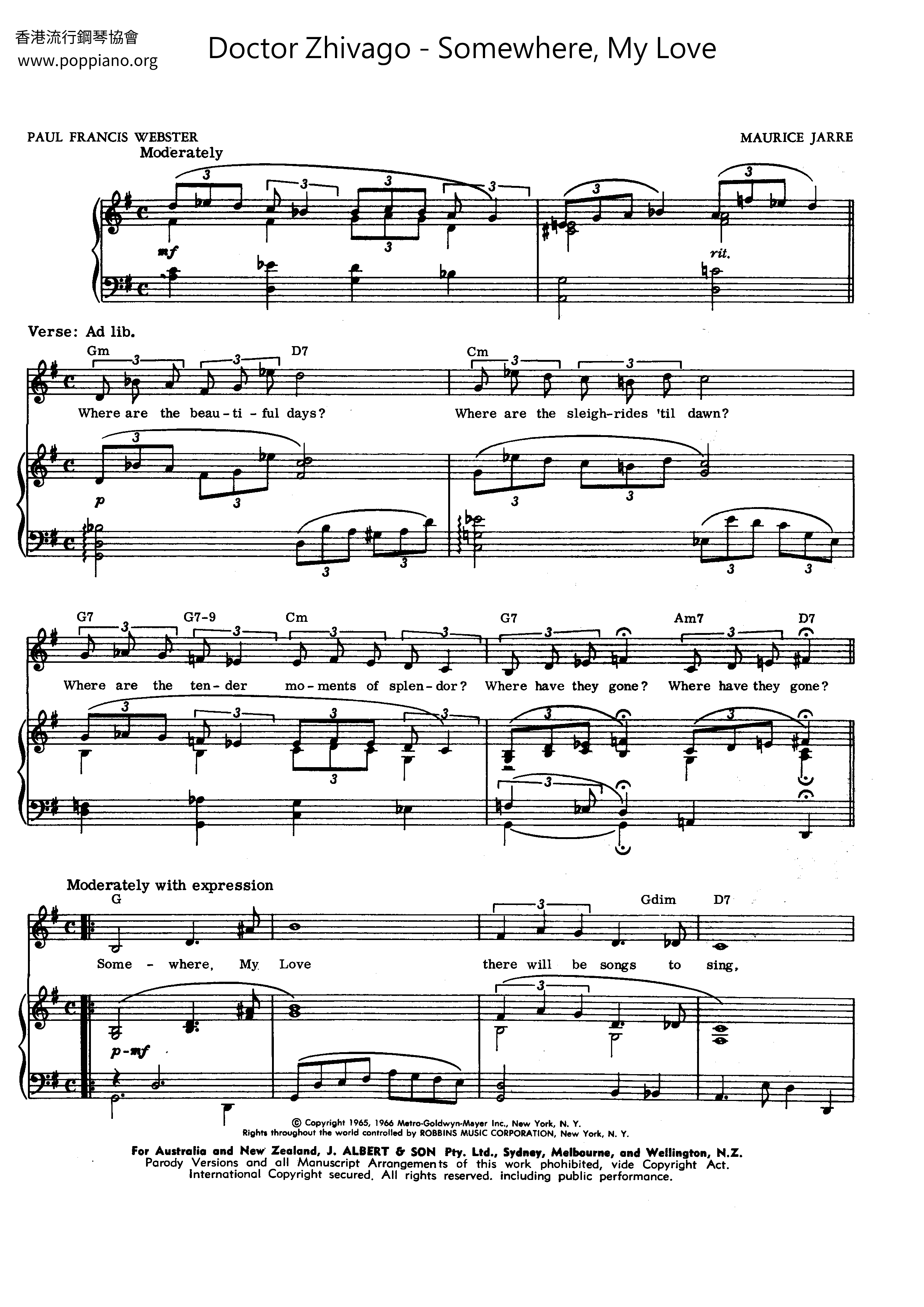 Somewhere, My Love Score