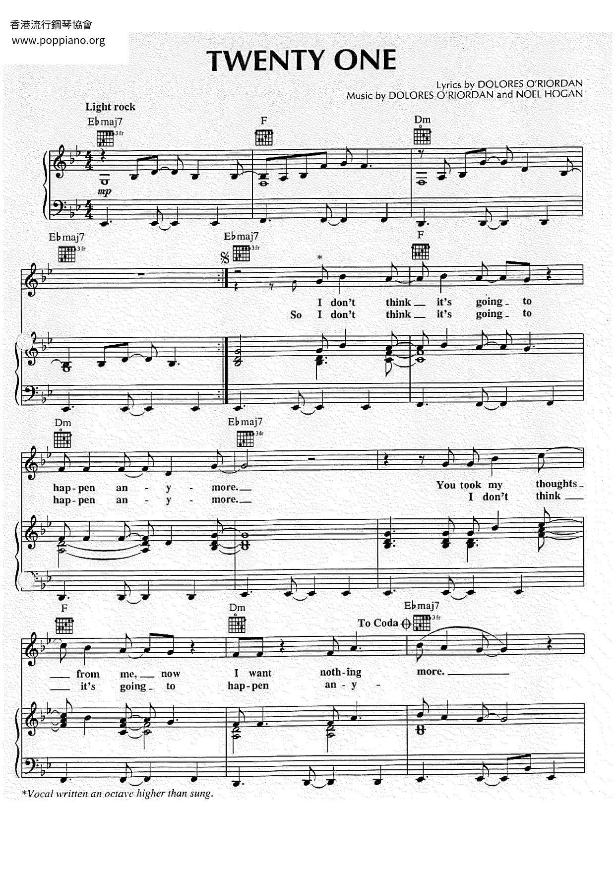 The Cranberries Twenty One Sheet Music Pdf Free Score Download 