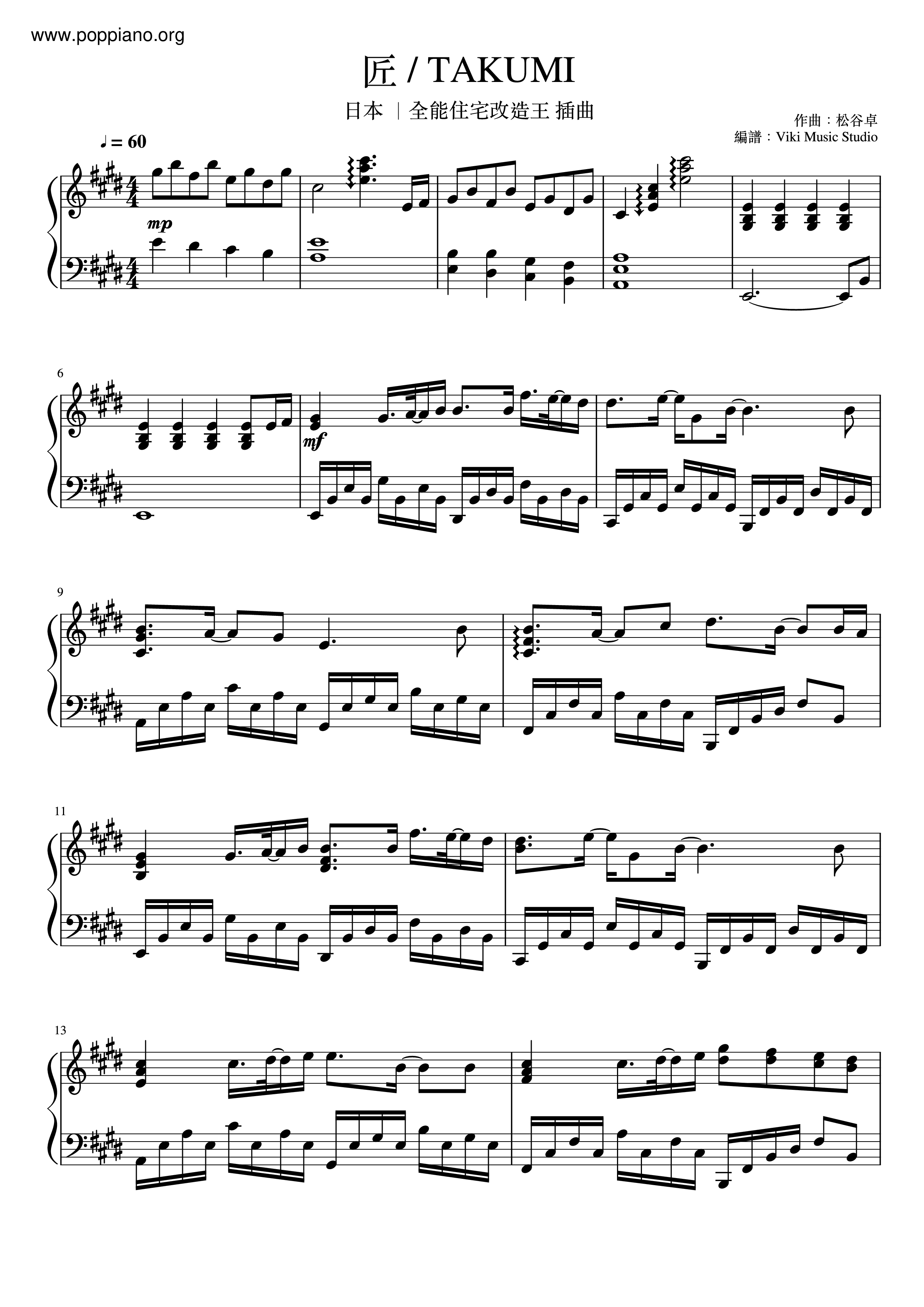 Takumi匠 (全能住宅改造王插曲) Score