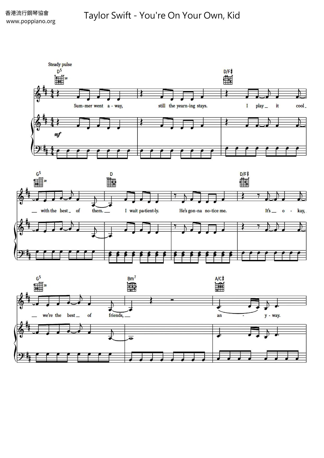 Taylor swift you re on your own kid sheet music pdf free score
