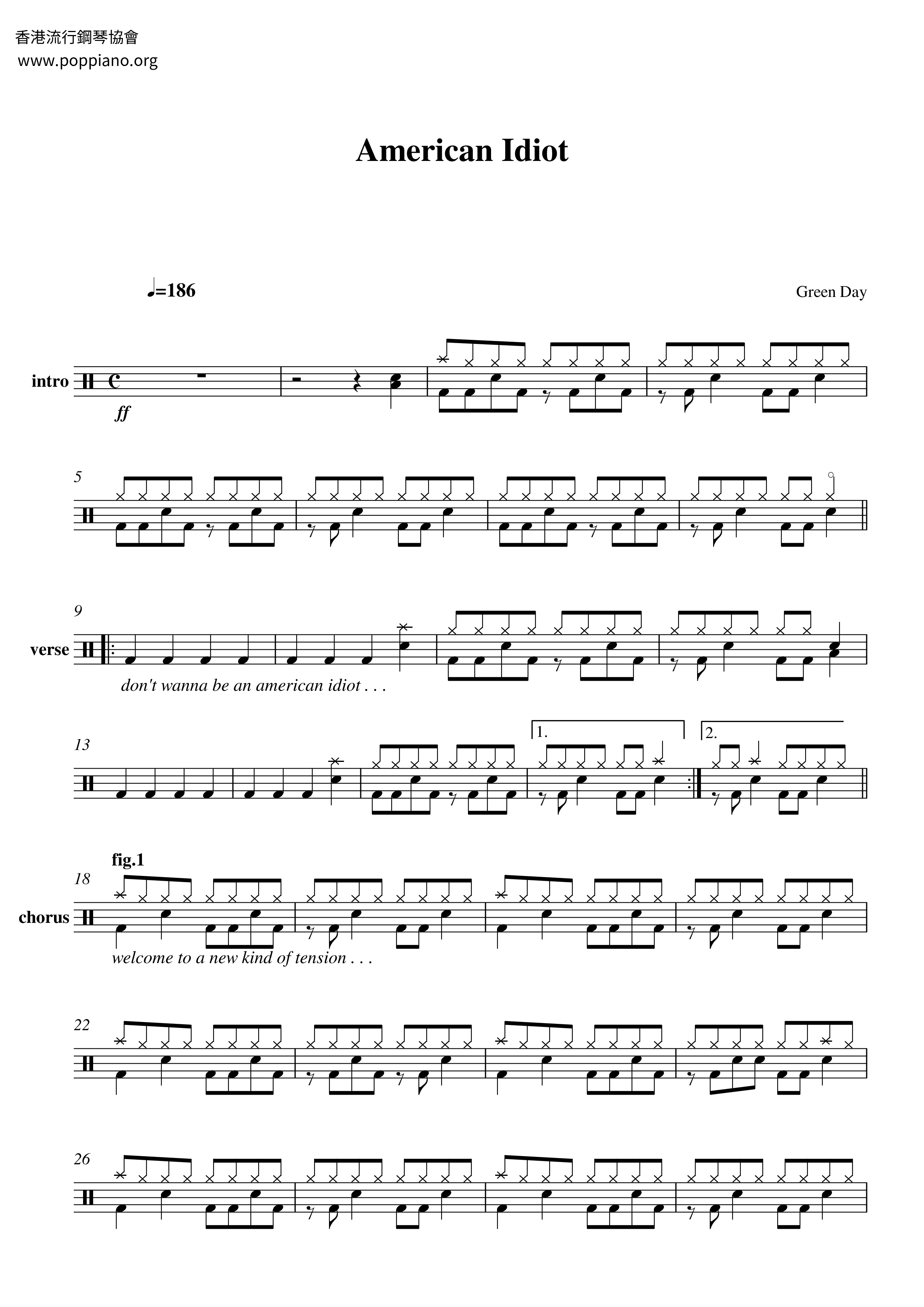 ☆Green Day American Idiot ドラムスコアpdf- 香港ポップピアノ協会 無料PDF楽譜ダウンロード gakufu ☆