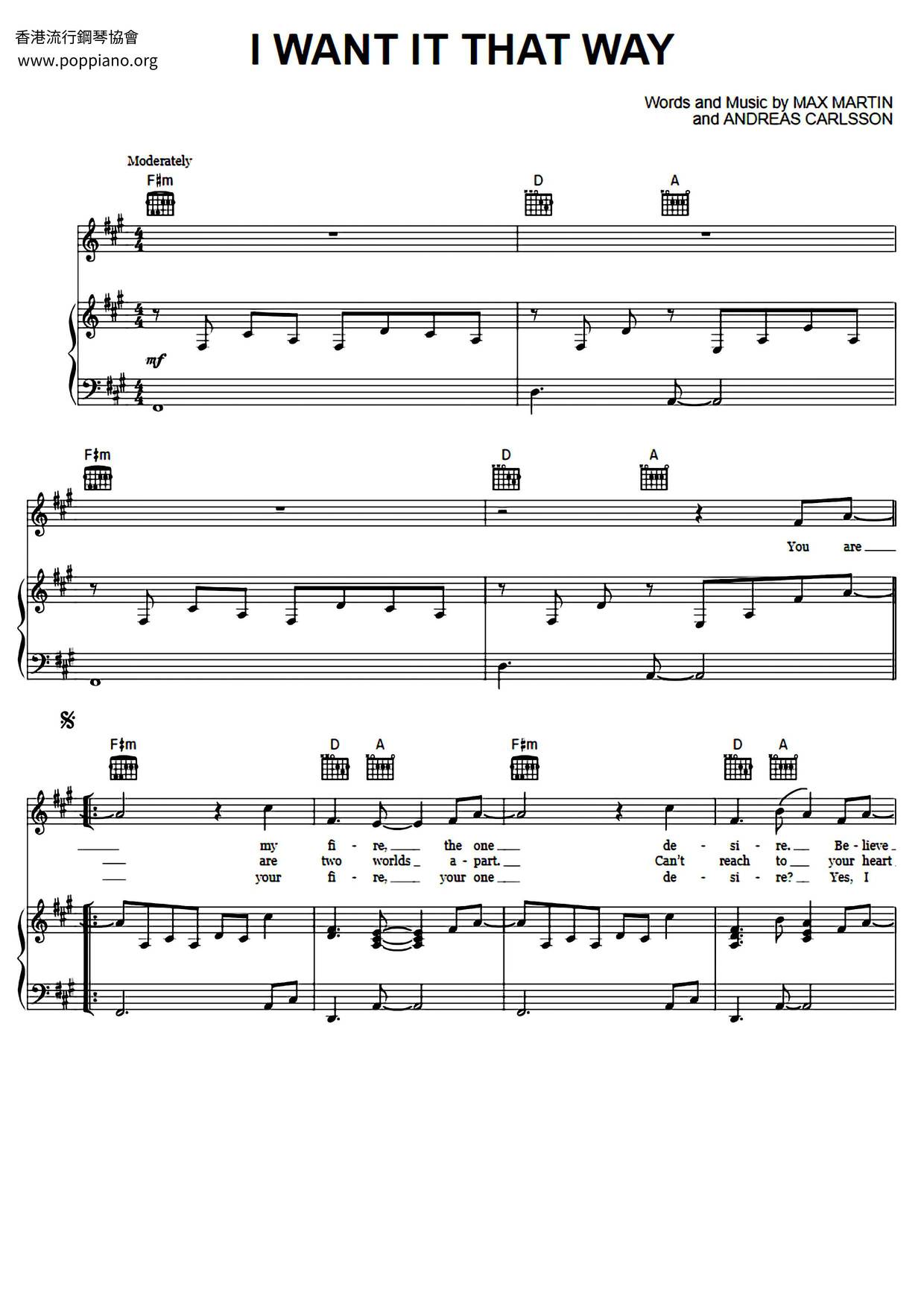 Backstreet boys i want it that way sheet music pdf free score download 