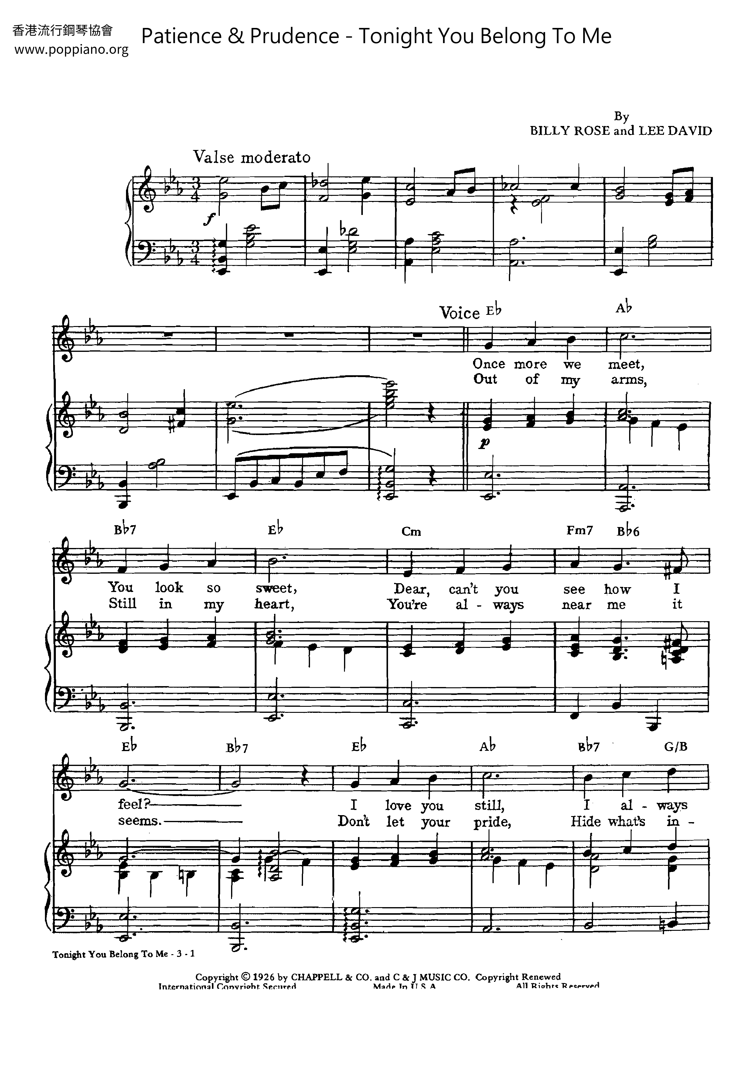 Tonight You Belong To Me Score