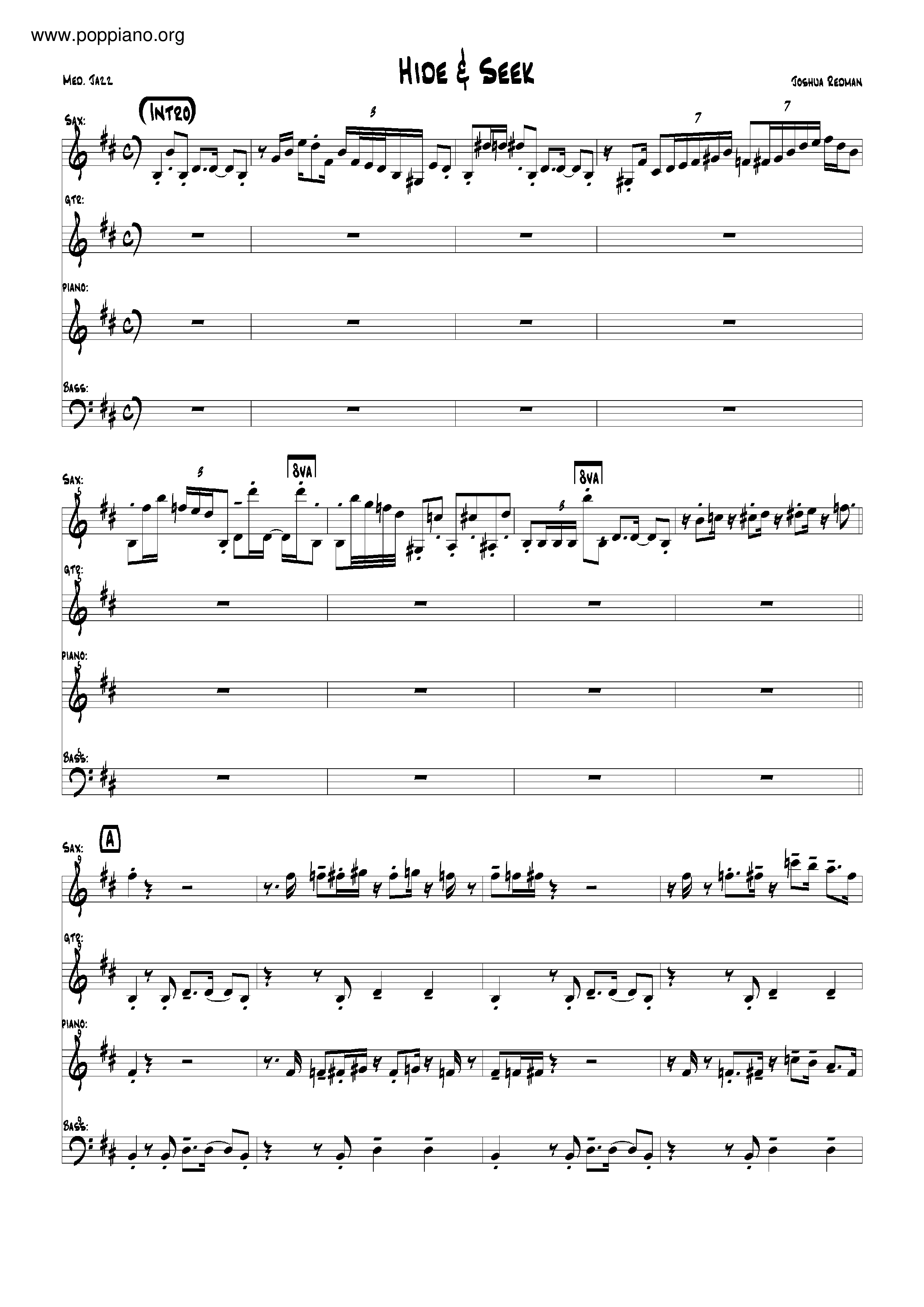 Hide and Seek" Sheet Music by Joshua Redman for Saxophone