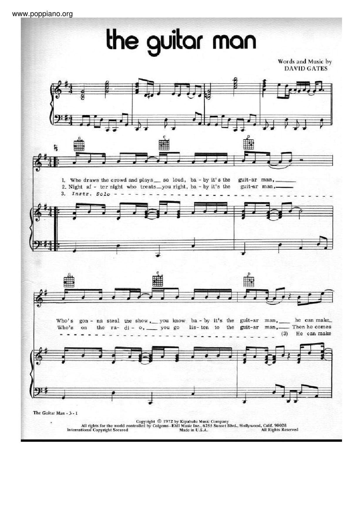 The Guitar Man (David Gates) Score