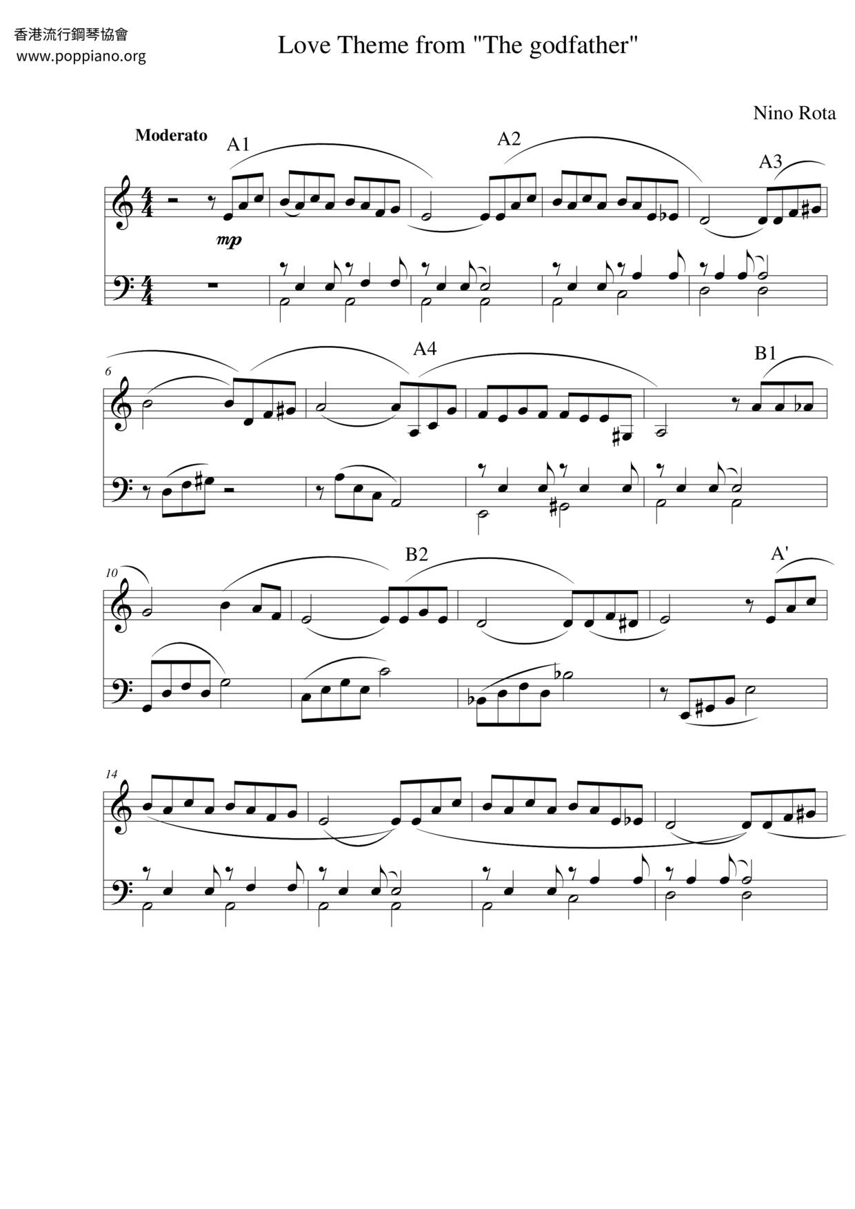 Love Theme From The Godfather (Speak Softly Love) Score