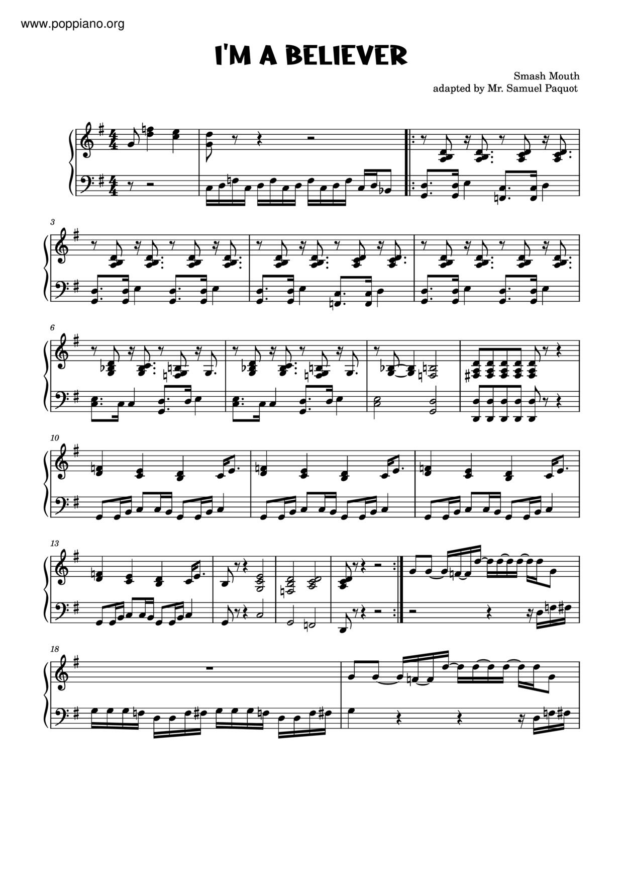 The Monkees Shrek I m A Believer Sheet Music Pdf Free Score Download 