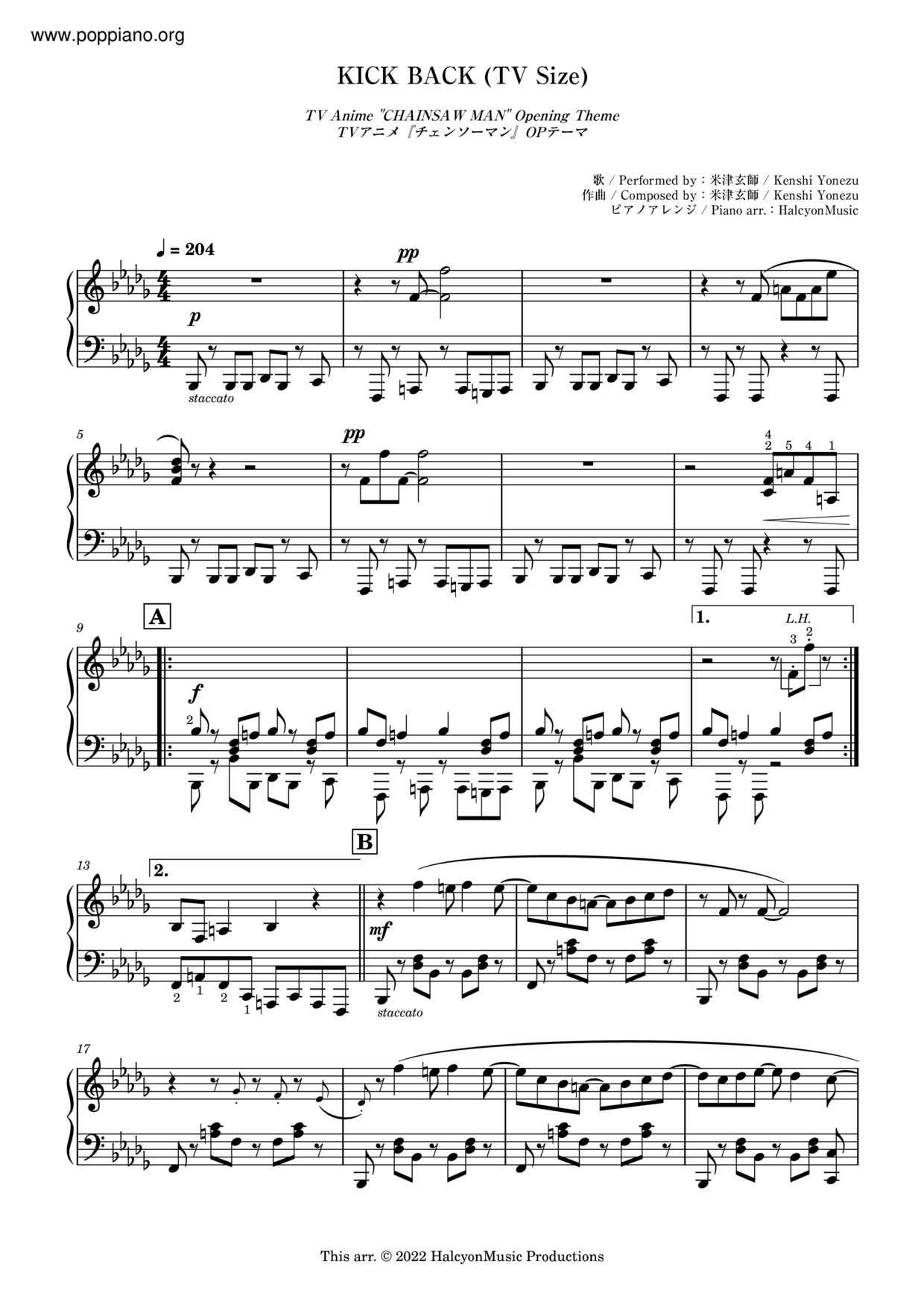 Deep down: TV-Size Version, Chainsaw Man Episode 9 ED (Grieving Piano Solo) Sheet music for Piano (Solo)