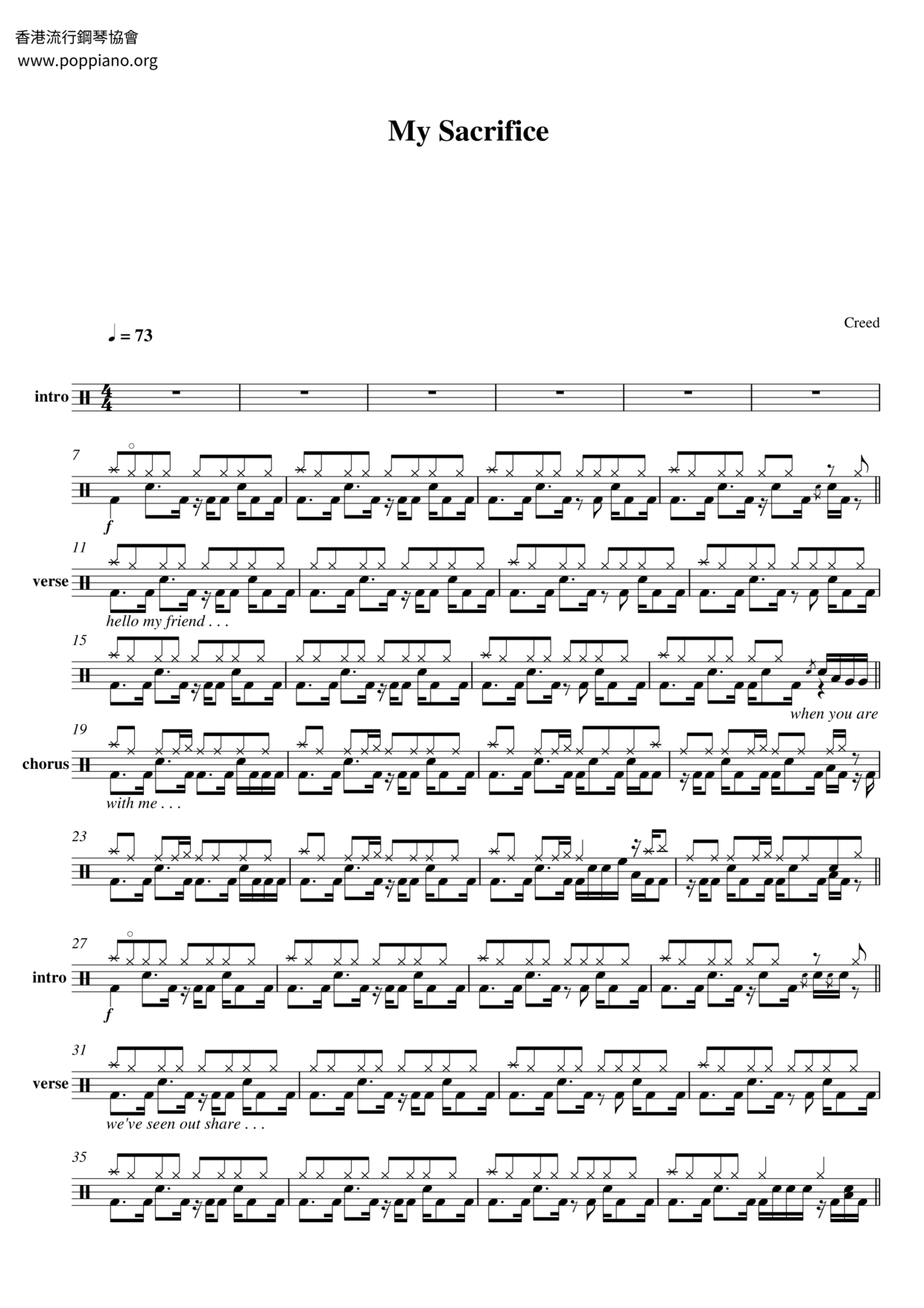 Creed - My Sacrifice Drum Score