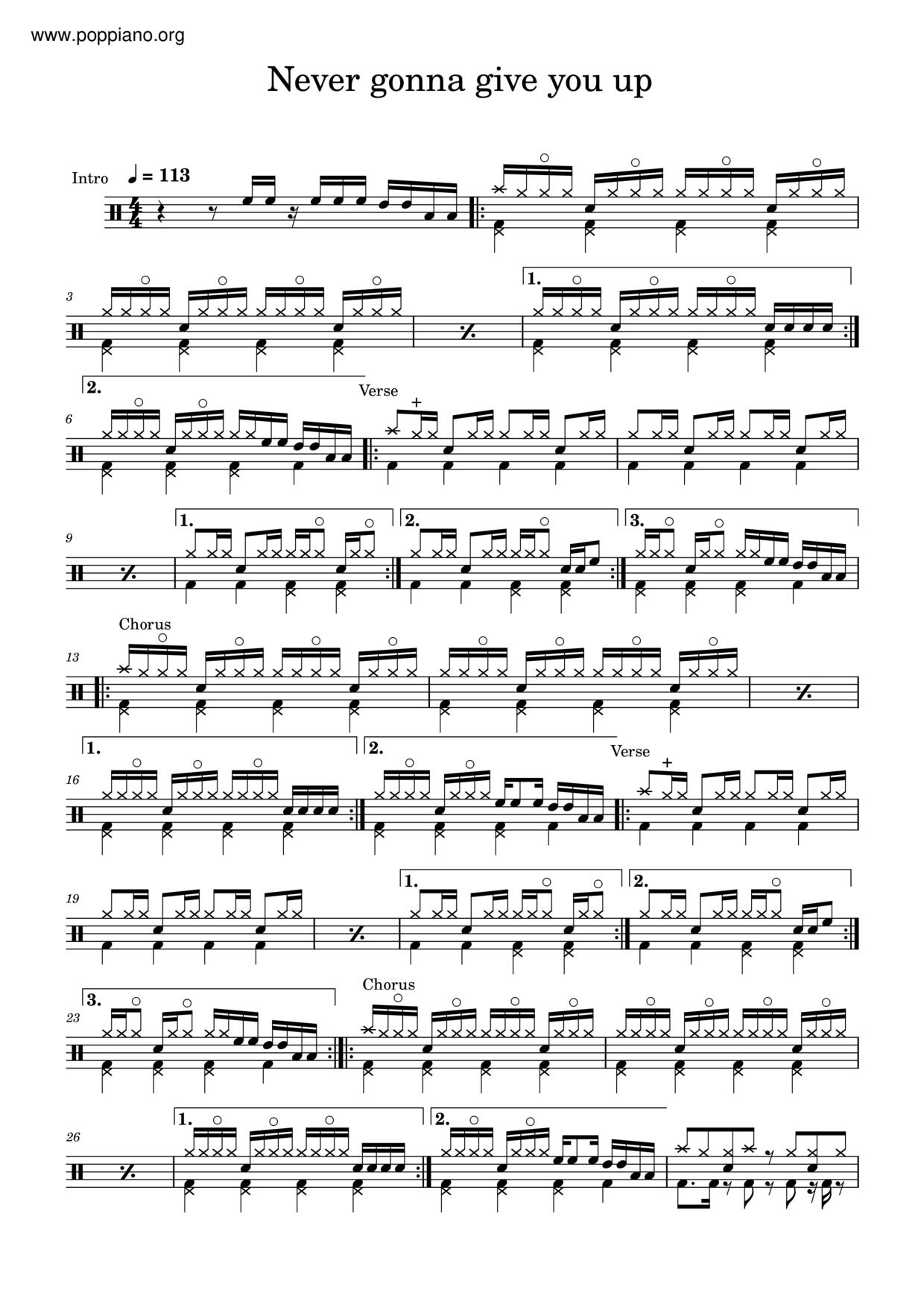 Rick astley never gonna give you up drum tab pdf free score download 