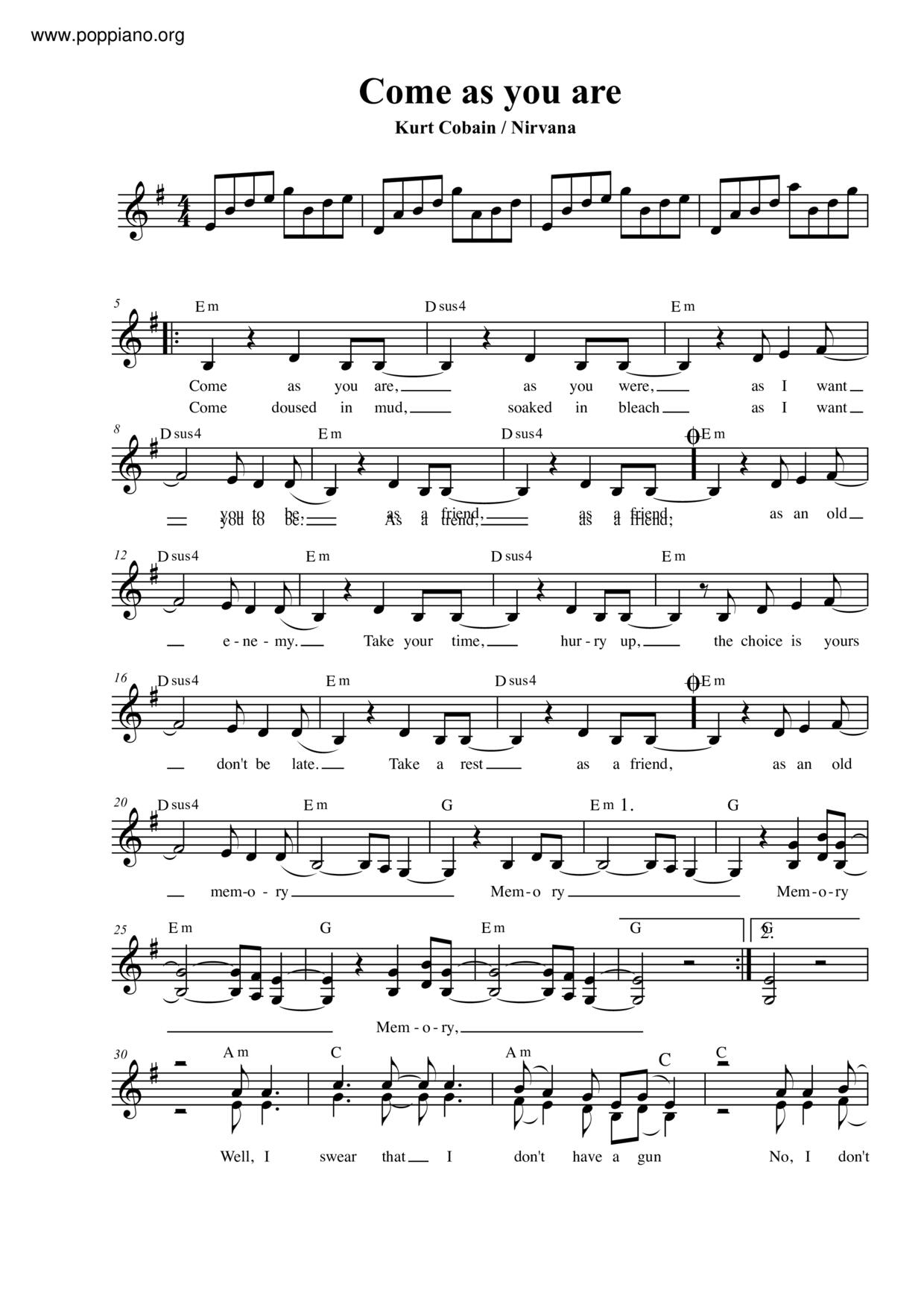 Nirvana come as you are sheet music pdf free score download 