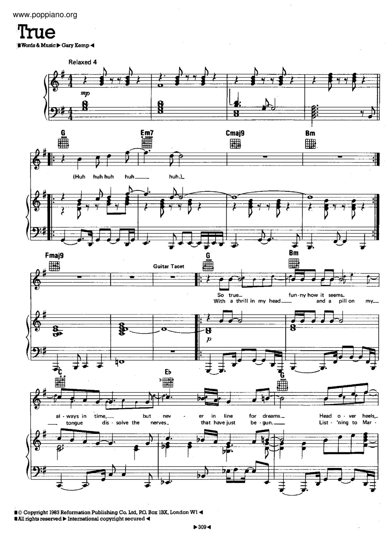 ☆ Spandau Ballet-True Sheet Music pdf, - Free Score Download ☆ ☆ Spandau Ballet-True Sheet Music pdf, - Free Score Download ☆
