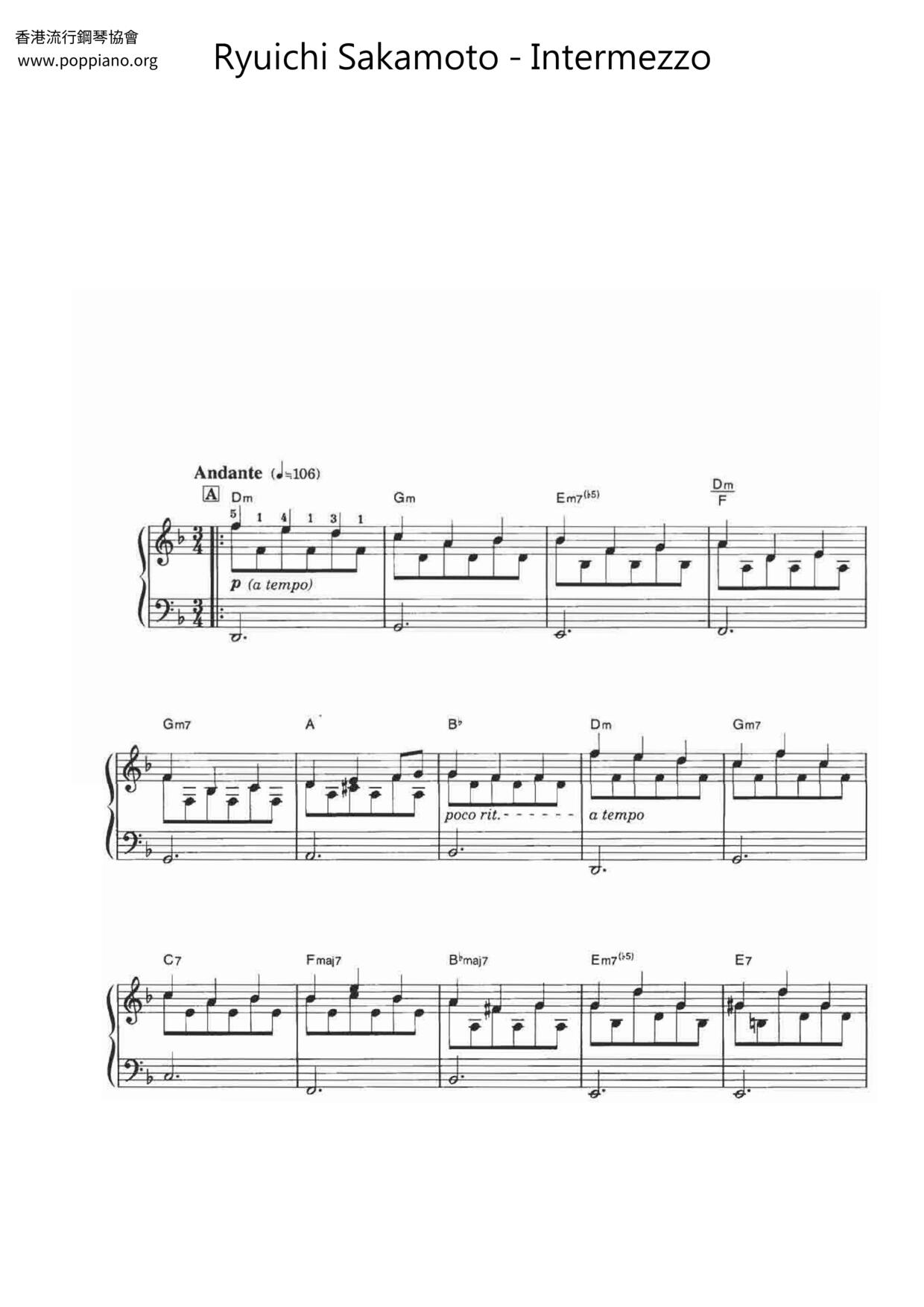 ☆ Ryuichi Sakamoto-Intermezzo Sheet Music pdf, - Free Score