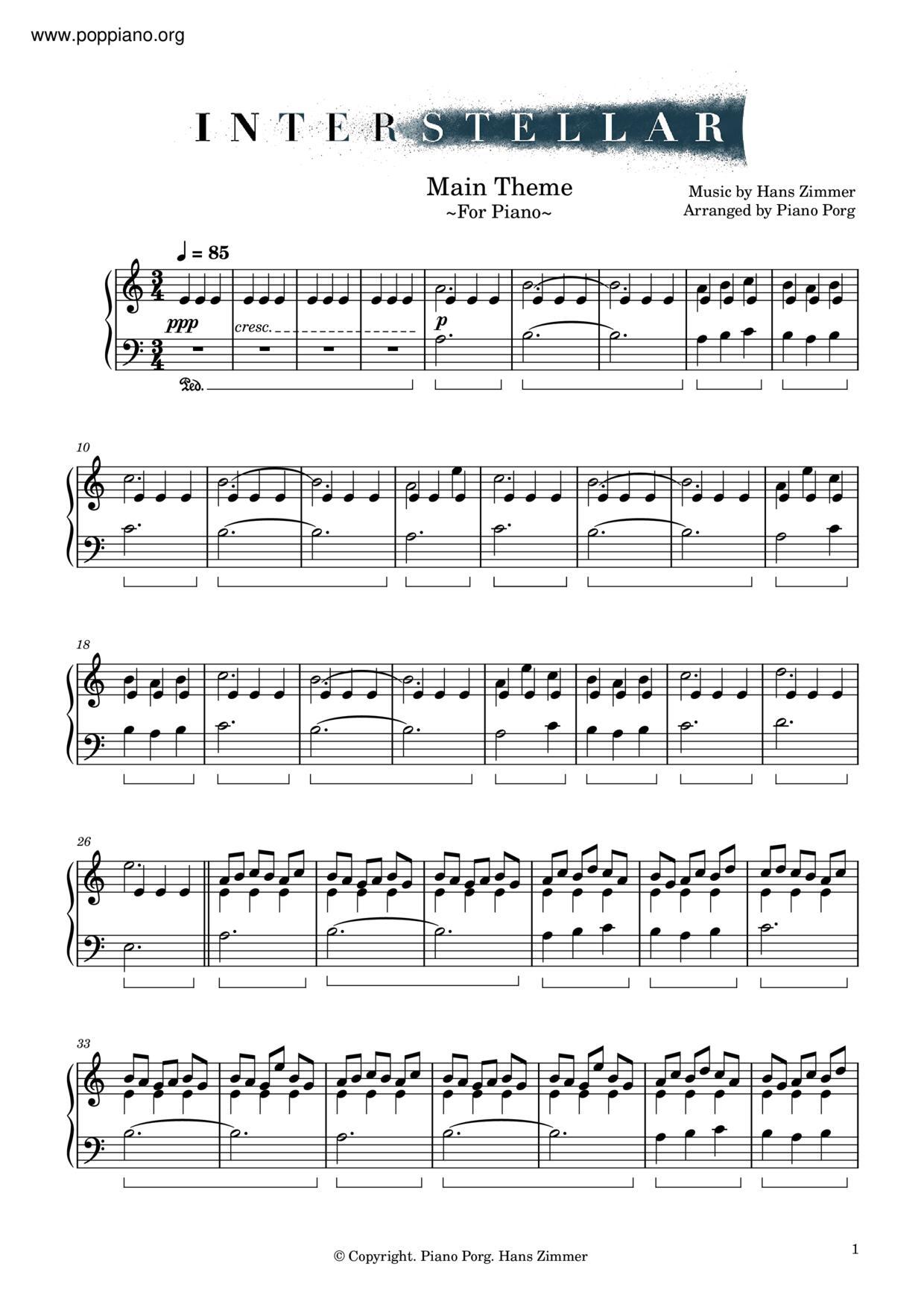 Hans Zimmer Interstellar Main Theme OST Sheet Music Pdf Free Score