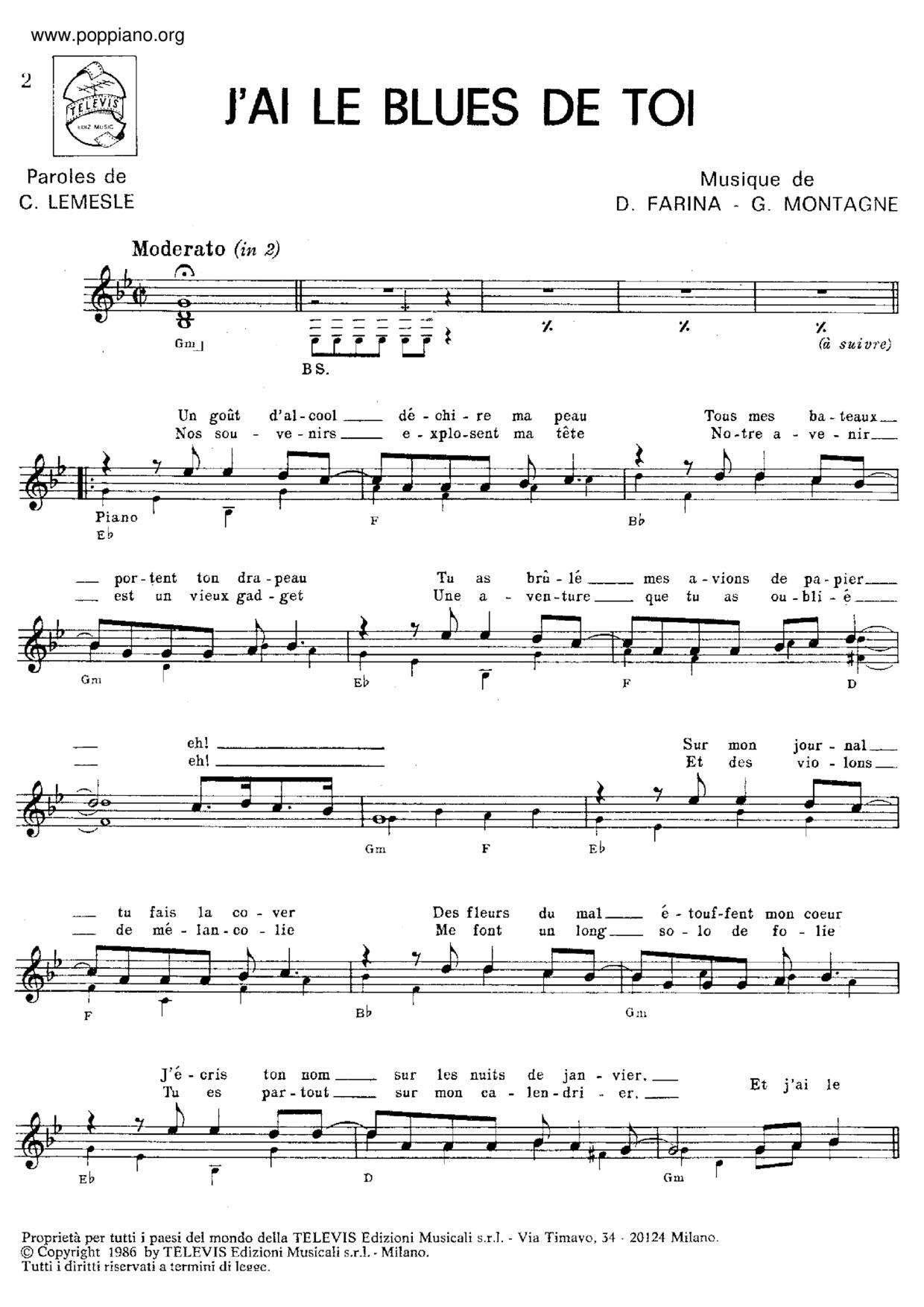 J'ai Le Blues De Toi Score