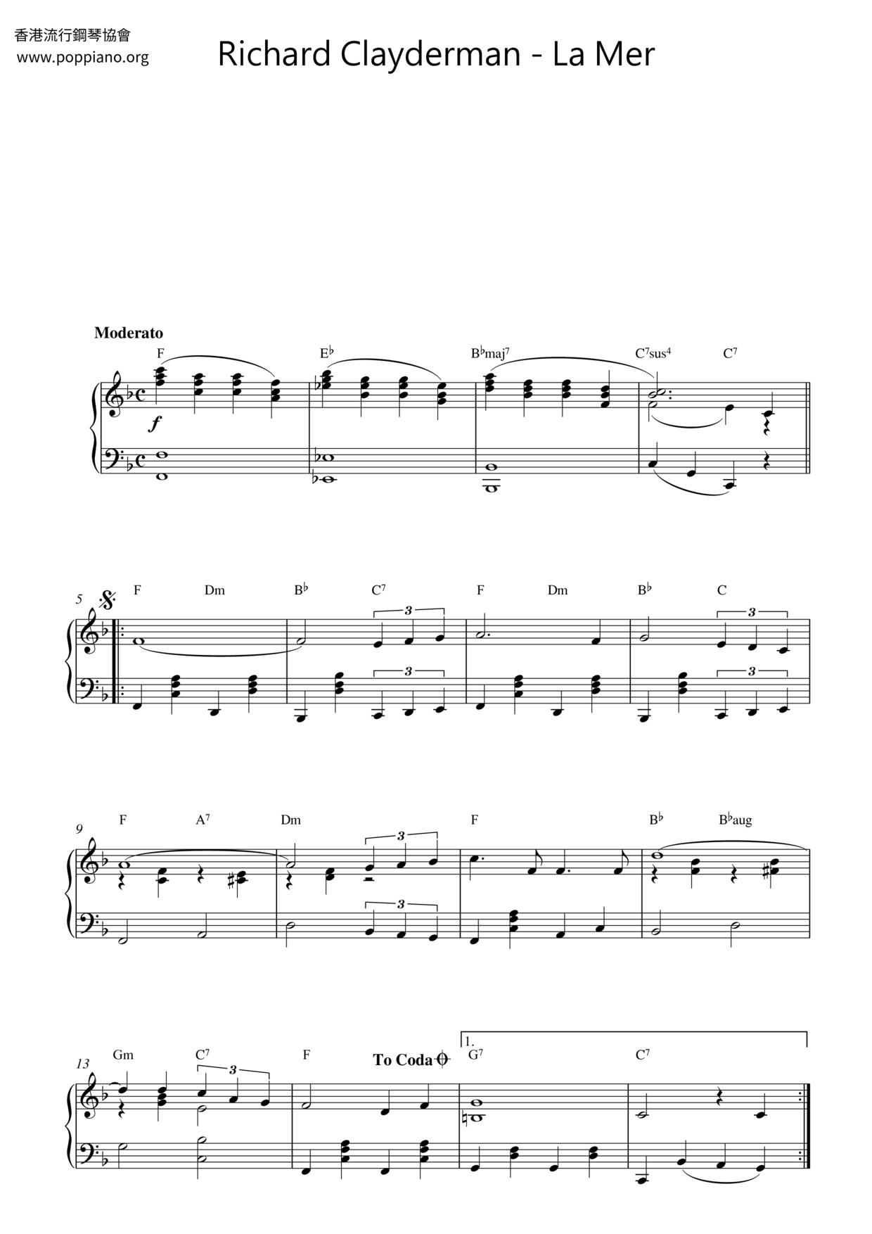 Richard Clayderman-La Mer Sheet Music pdf, - Free Score Download ★