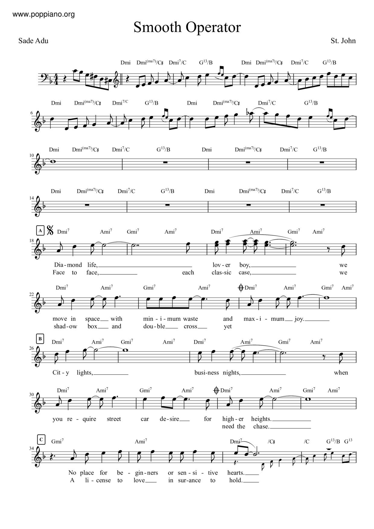 ☆ Sade-Smooth Operator Sheet Music pdf, - Free Score Download ☆