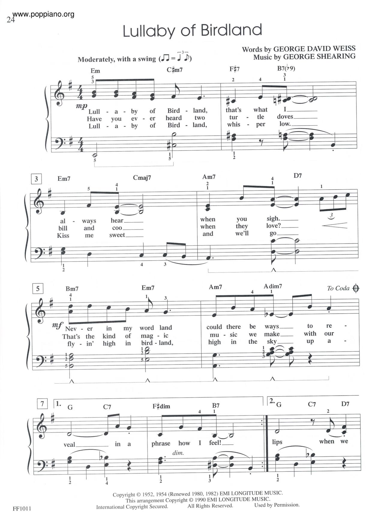 Lullaby Of Birdland Score