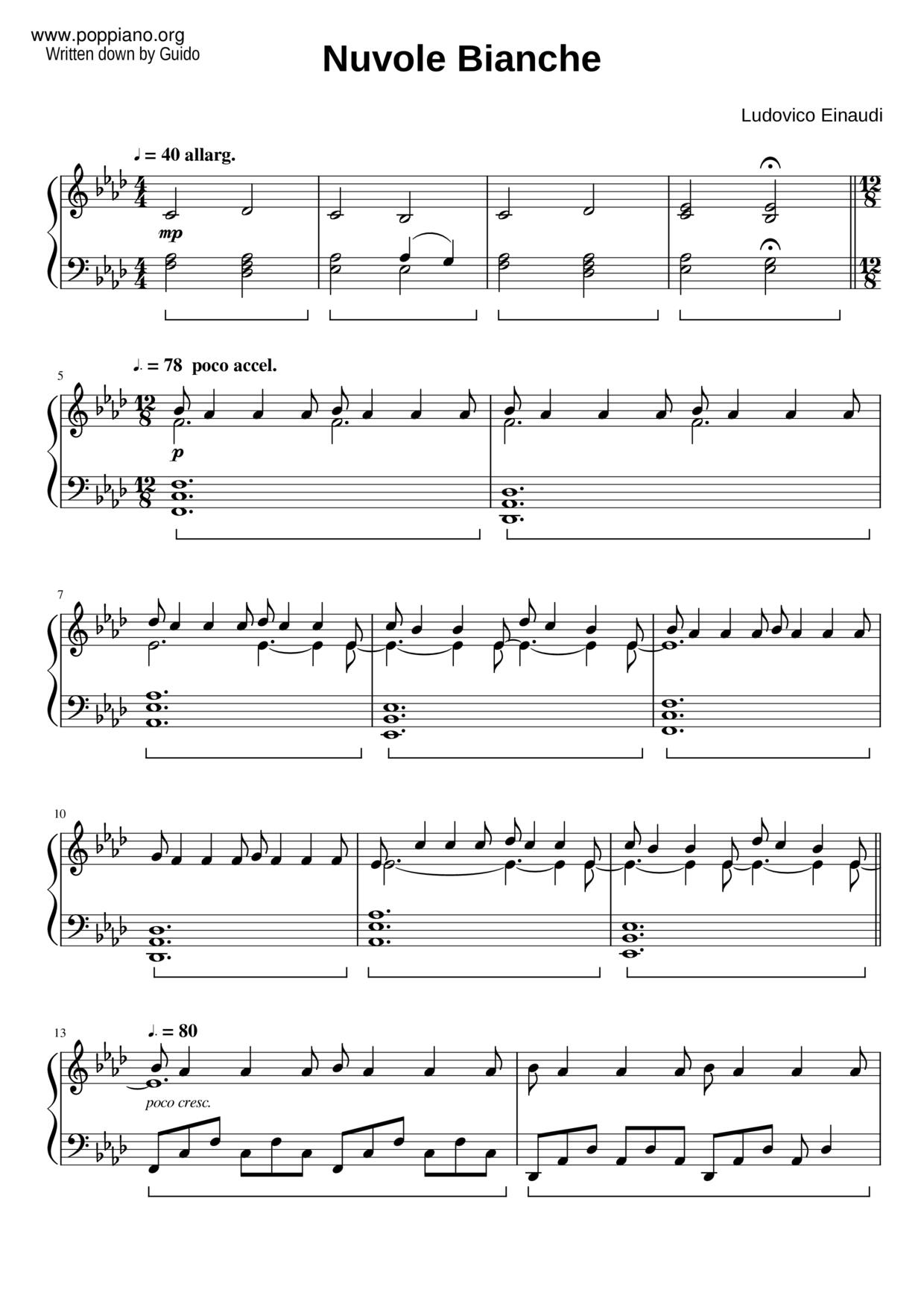 ☆ Ludovico Einaudi-Nuvole Bianche Sheet Music pdf, - Free Score